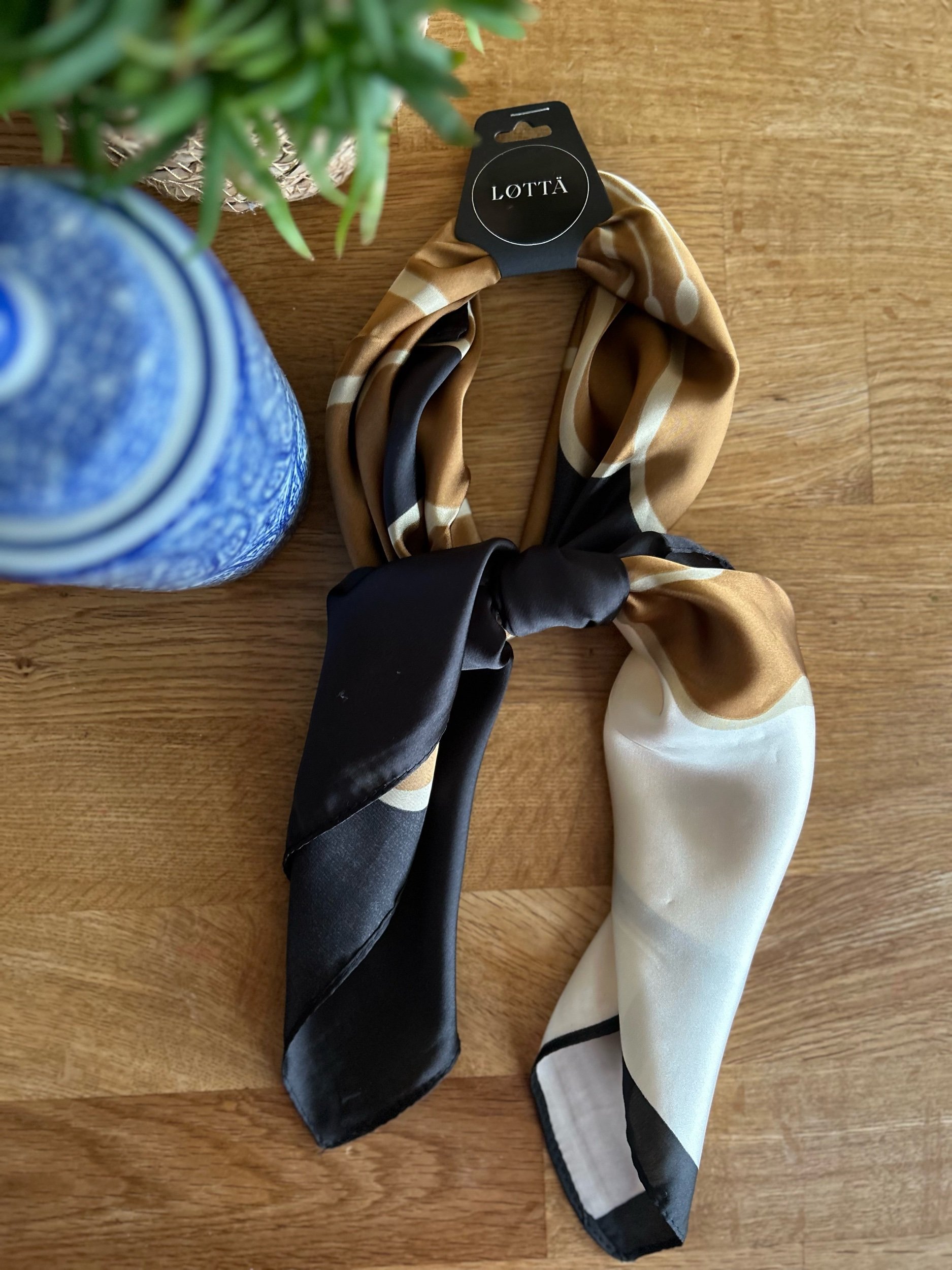 Black, caramel and cream satin touch bandana style neck tie. floral print