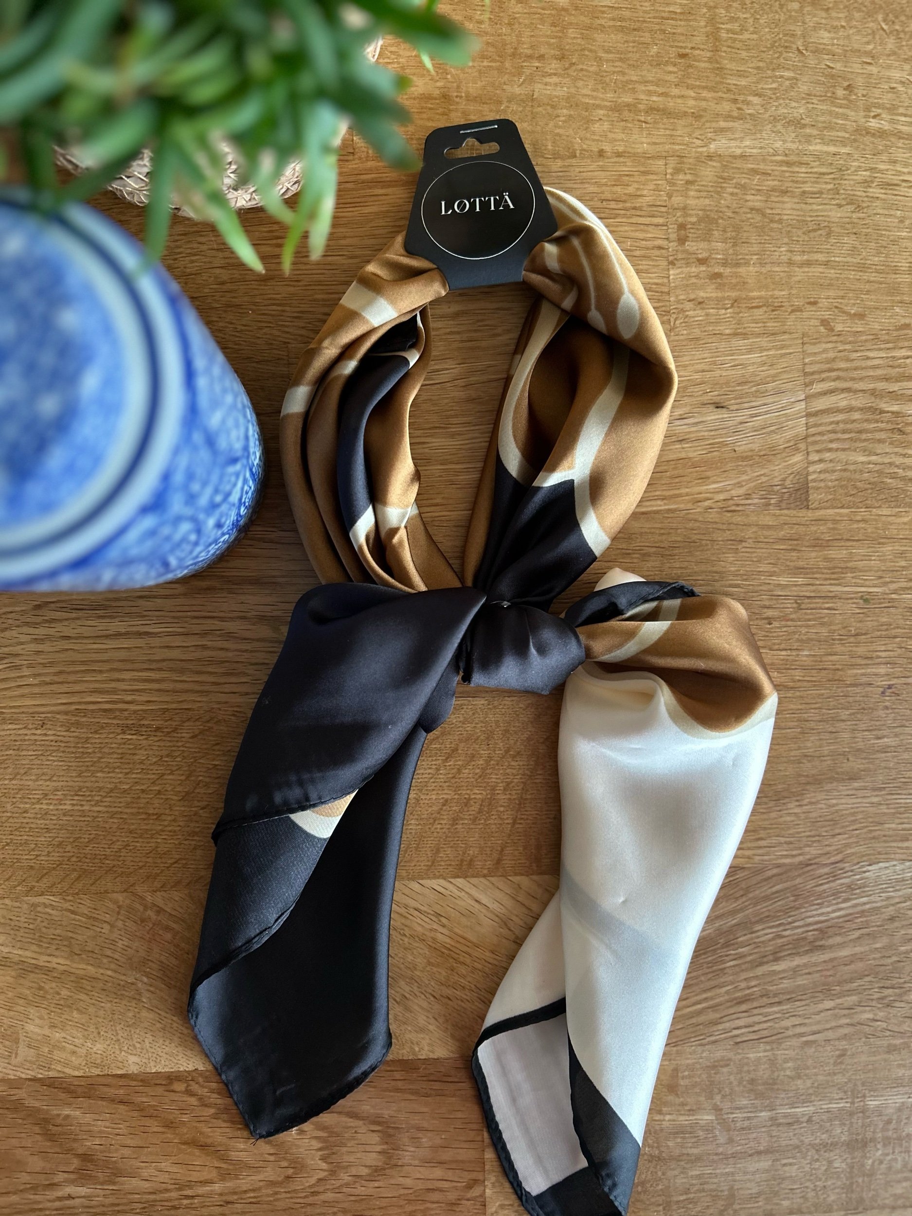 Black, caramel and cream satin touch bandana style neck tie. floral print