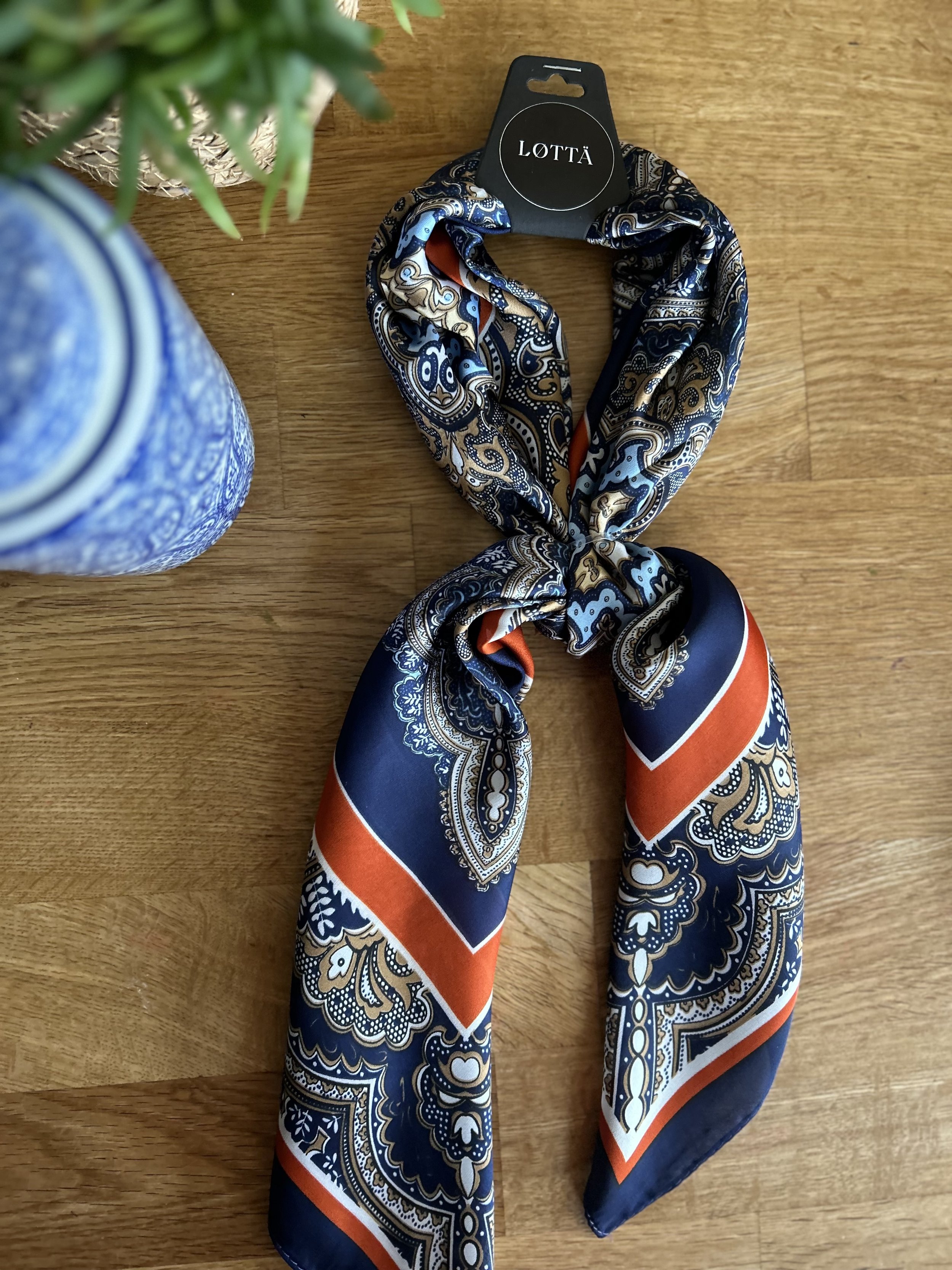 Navy and orange paisley print satin scarf, necktie in a French style