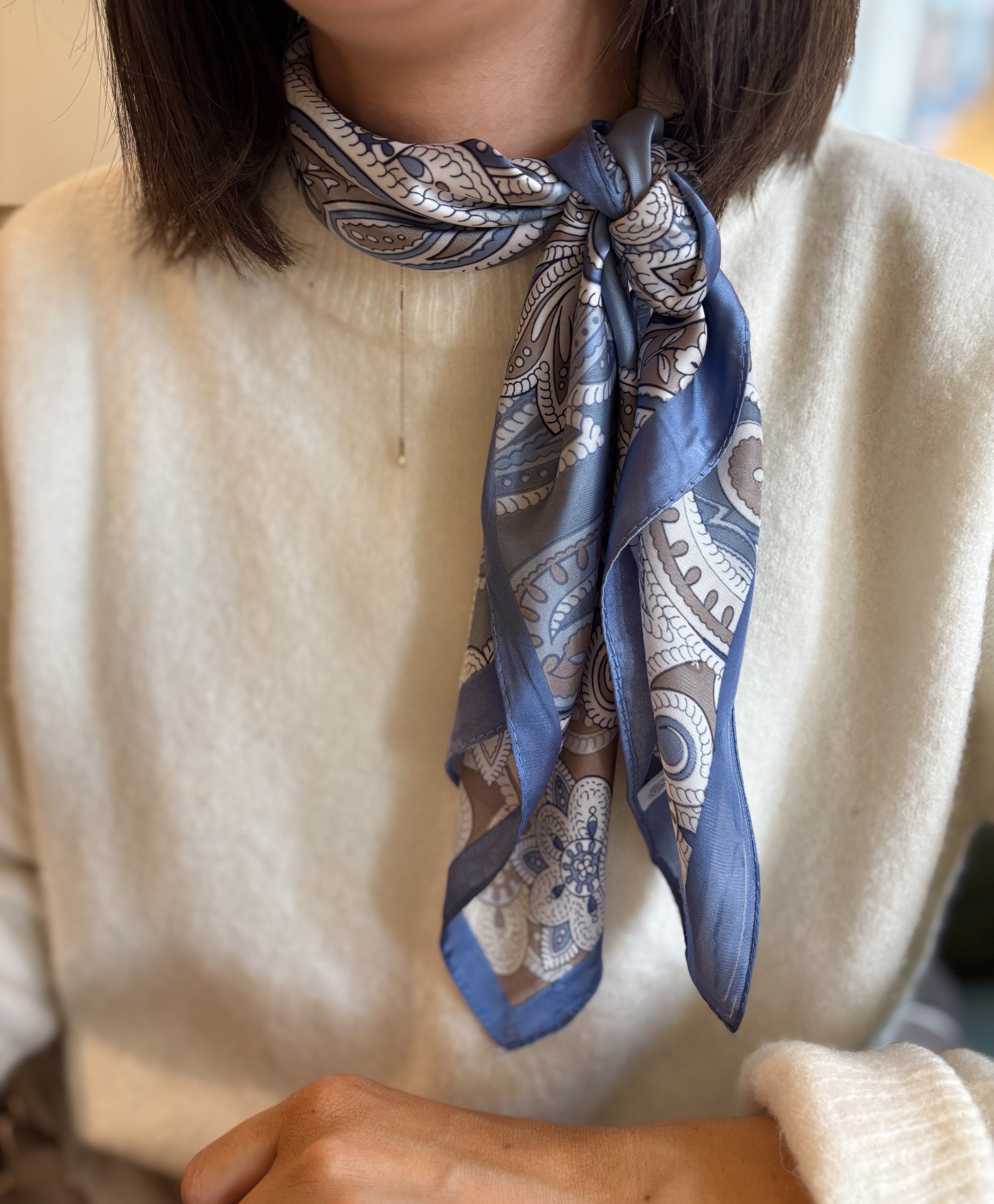 Blue and coffee toned paisley print neck scarf. Satin touch French style bandana