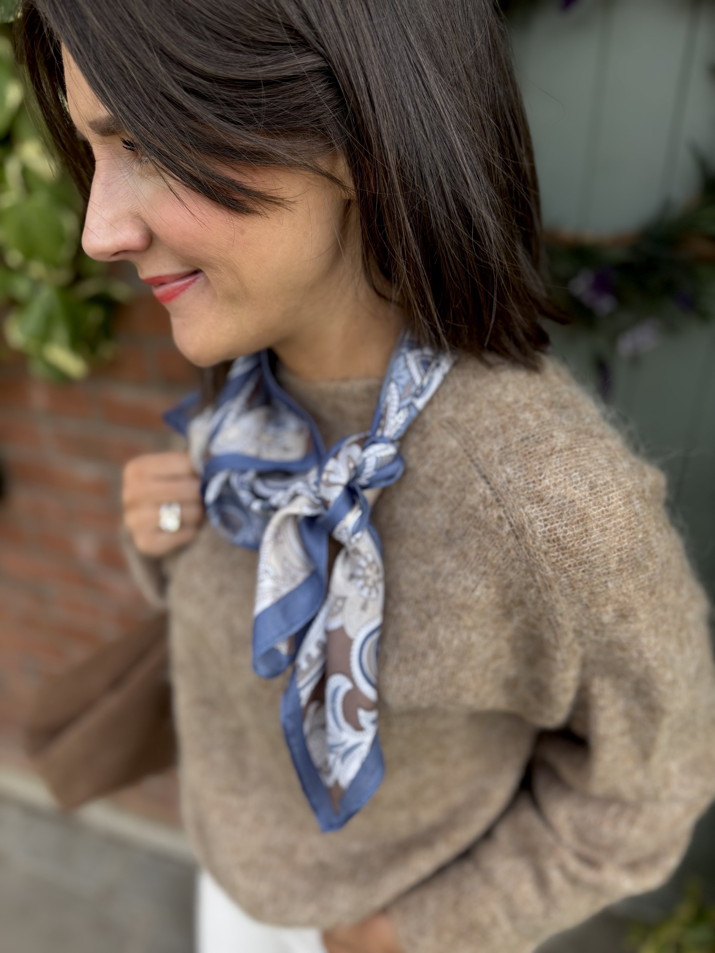 Blue and coffee toned paisley print neck scarf. Satin touch French style bandana
