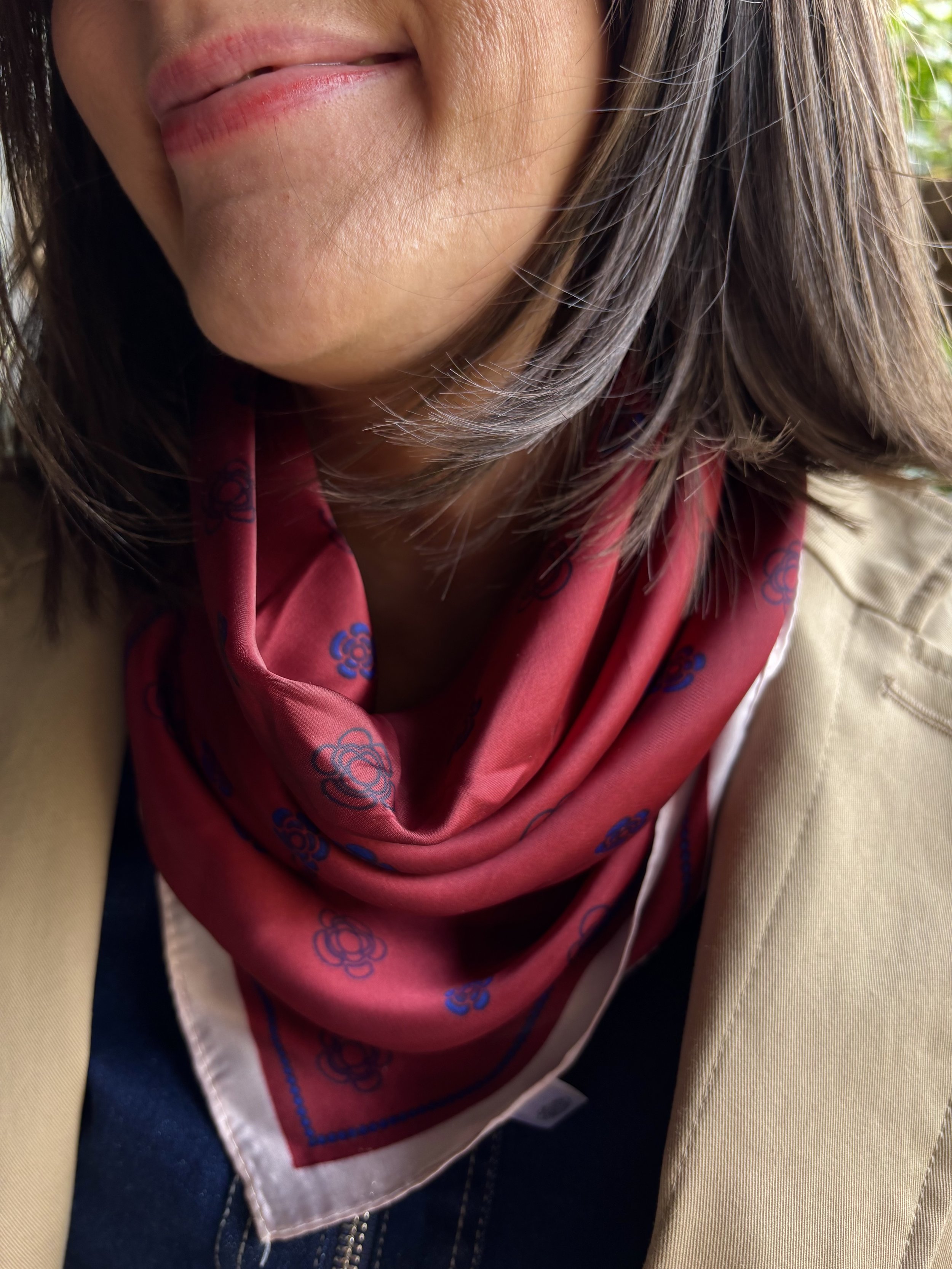 Burgundy red satin silk scarf, with pink border and navy print, French style bandana.