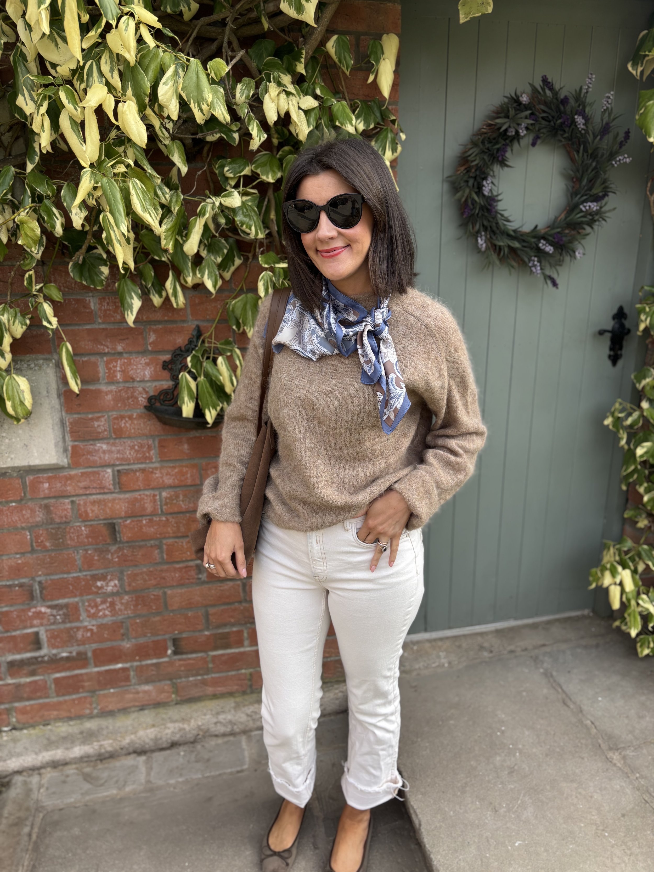 Blue and coffee toned paisley print neck scarf. Satin touch French style bandana