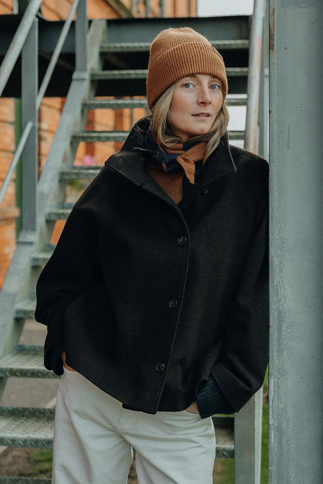 Navy and Caramel Triangle Wool Scarf