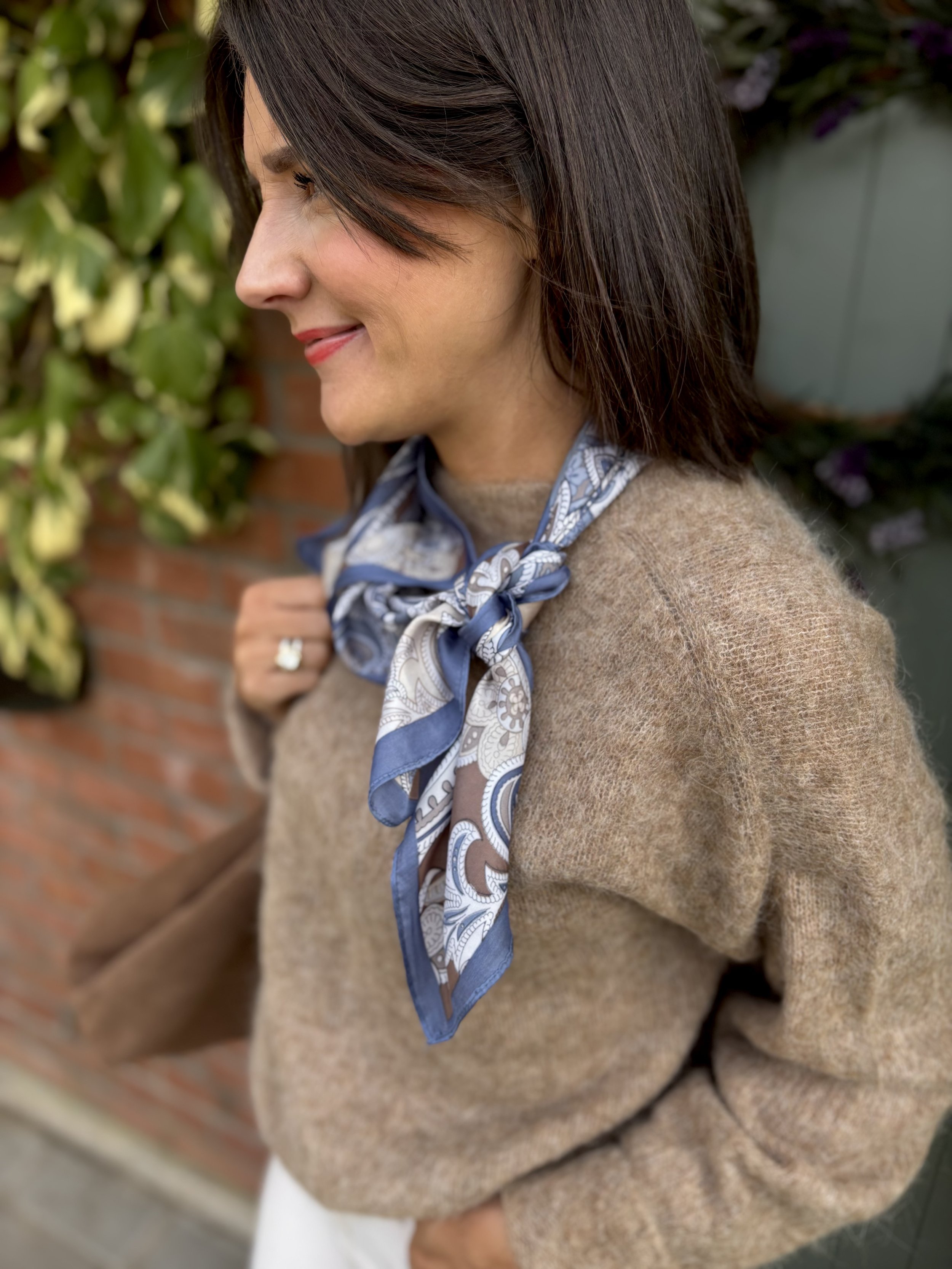 Blue and coffee toned paisley print neck scarf. Satin touch French style bandana