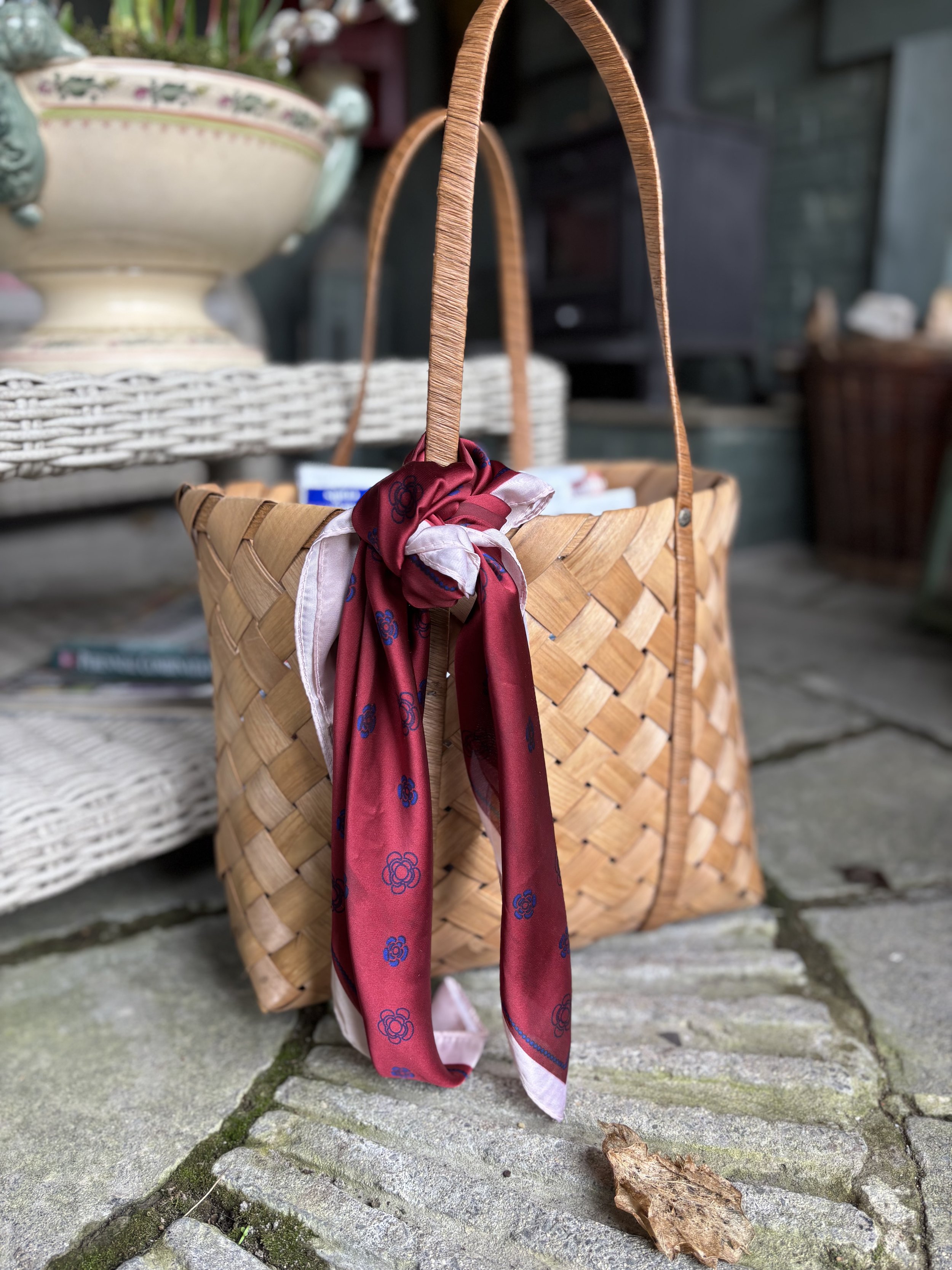 Burgundy red satin silk scarf, with pink border and navy print, French style bandana.