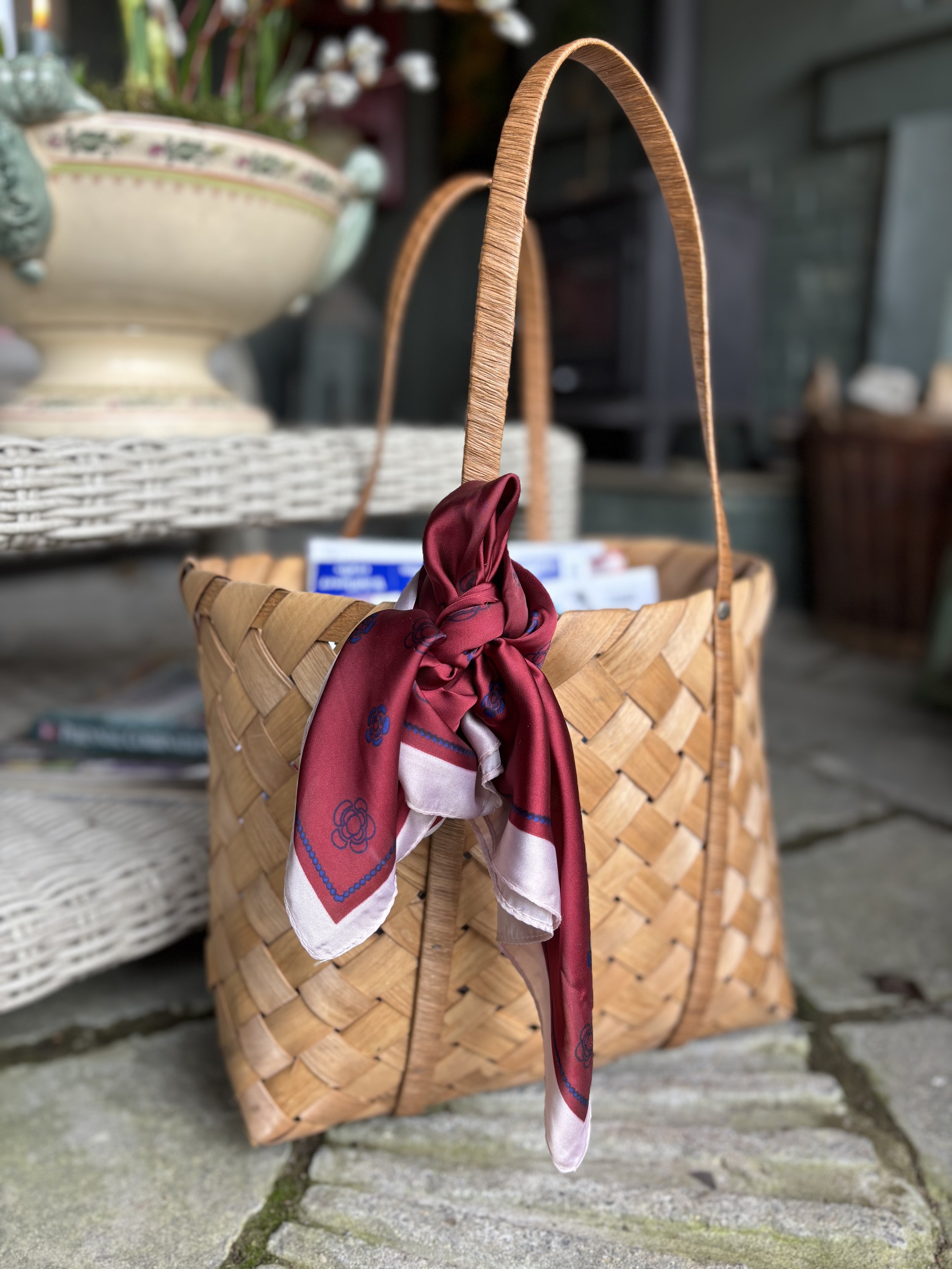 Burgundy red satin silk scarf, with pink border and navy print, French style bandana.
