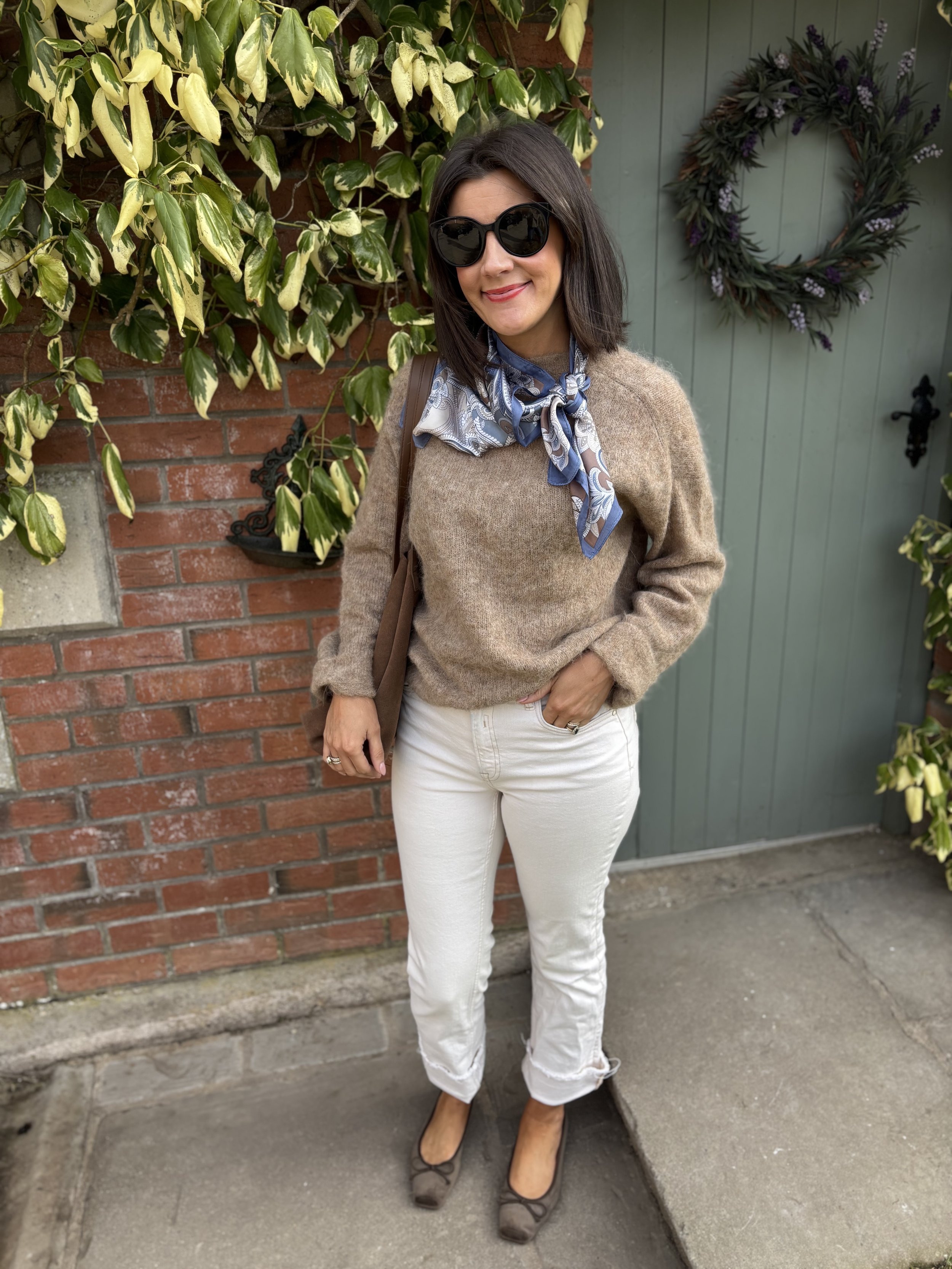 Blue and coffee toned paisley print neck scarf. Satin touch French style bandana