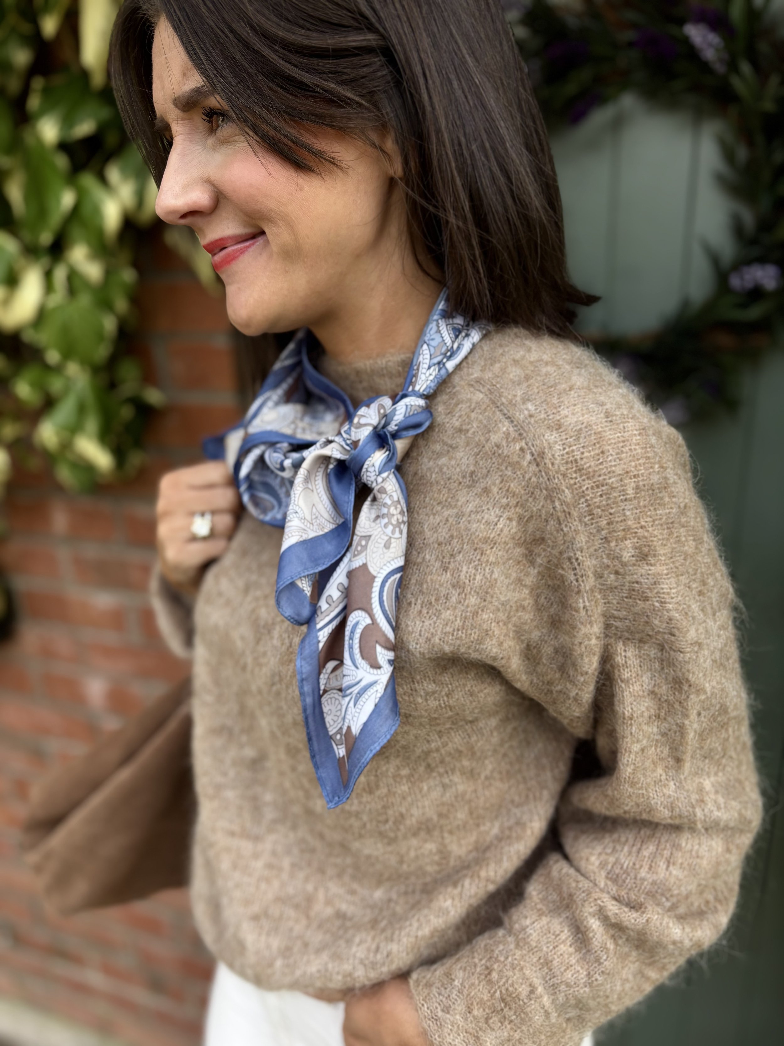 Blue and coffee toned paisley print neck scarf. Satin touch French style bandana