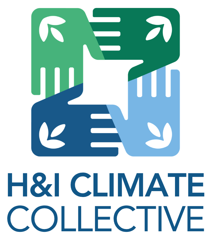 A logo showing hands in a square shape accompanied by text that reads H&I Climate Collective. The logo is in blues and greens.