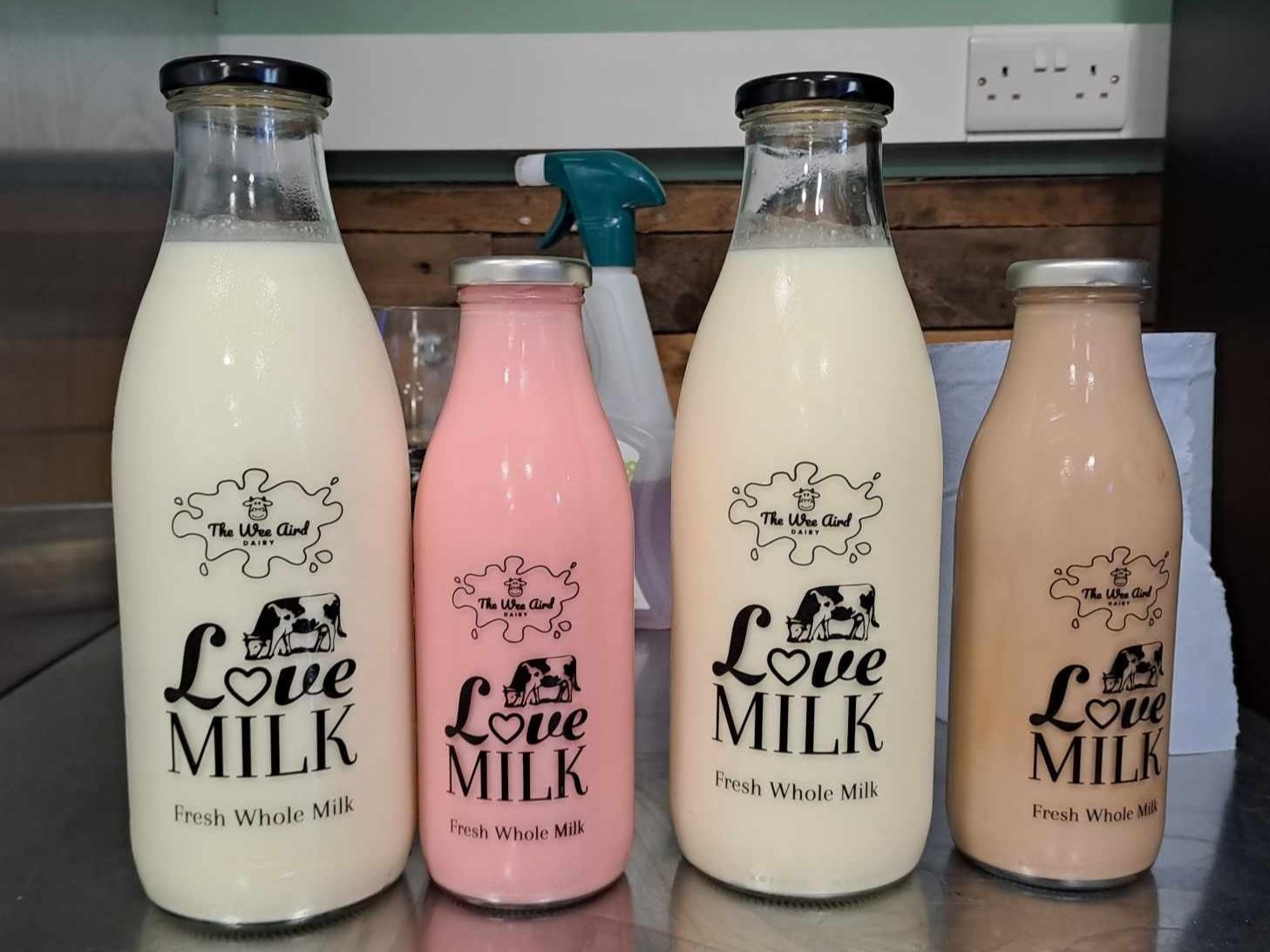 Glass milk bottles with whole milk and milkshakes