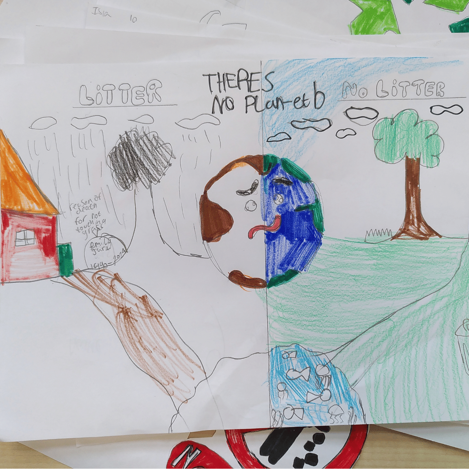 A poster made by a school pupil which has a drawing of the earth with a sad face, and the title "There is no planet B"