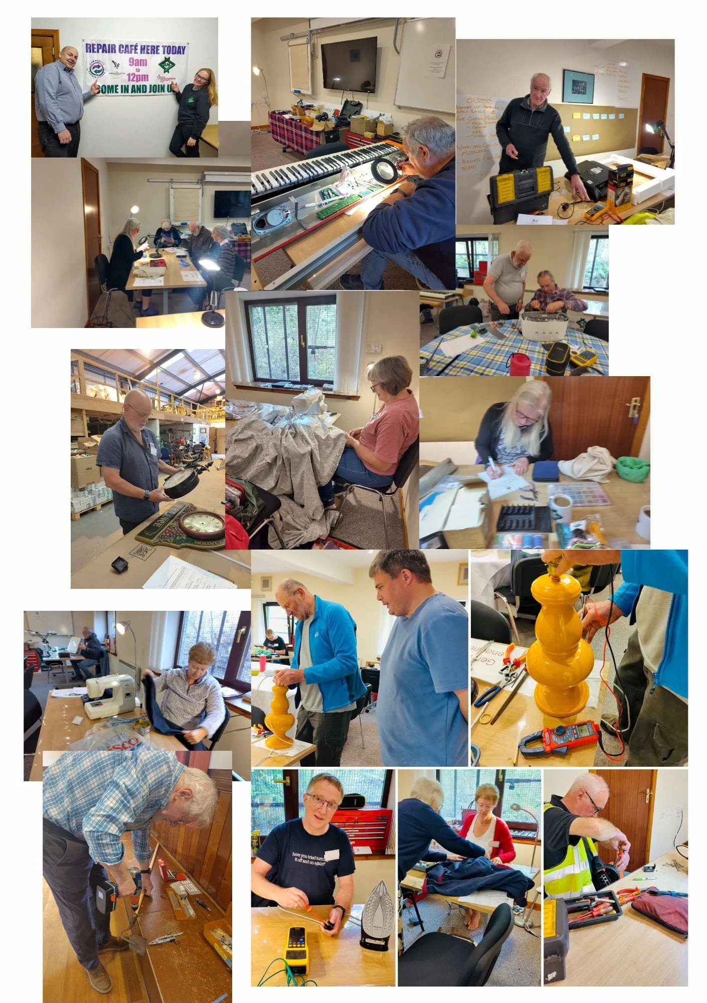 Collage of people repairing electricals and clothing
