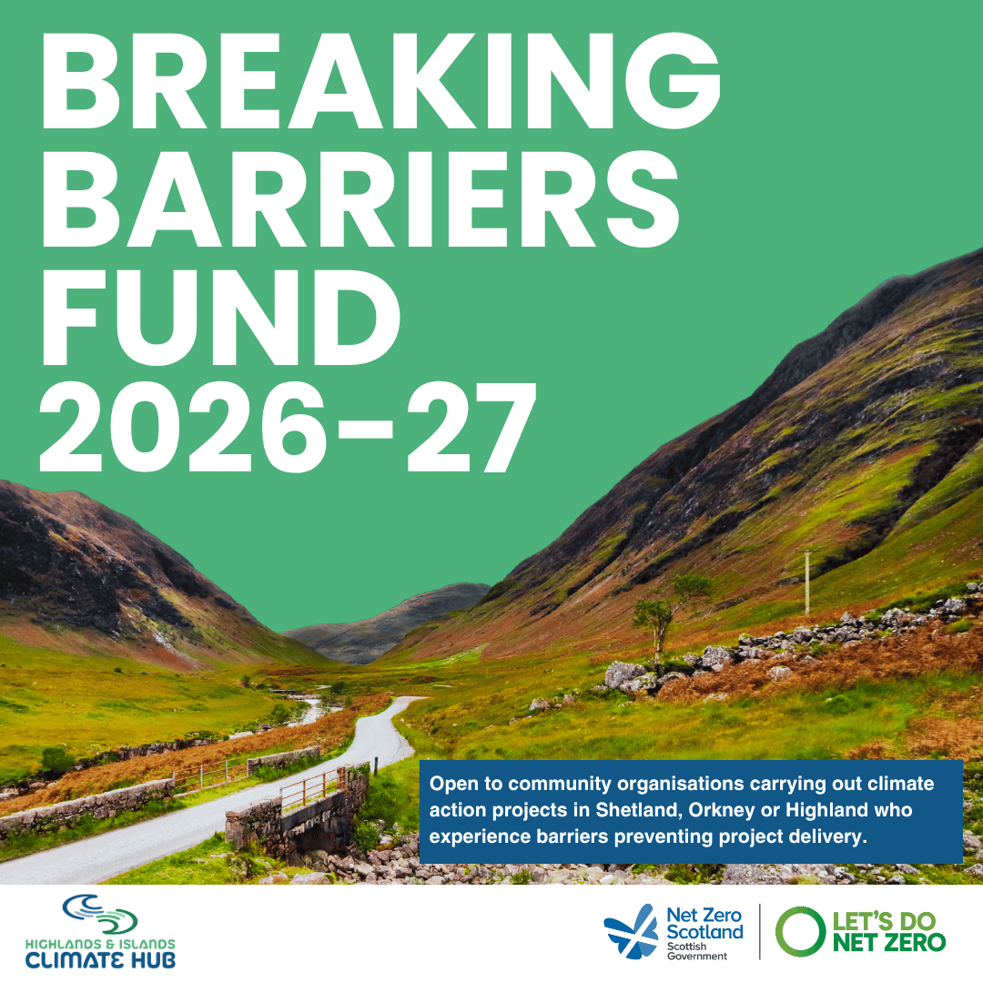Graphic illustrating in large writing the Breaking Barriers Fund 2026-26 with a green background and Highland landscape of mountains, winding road and moorland.