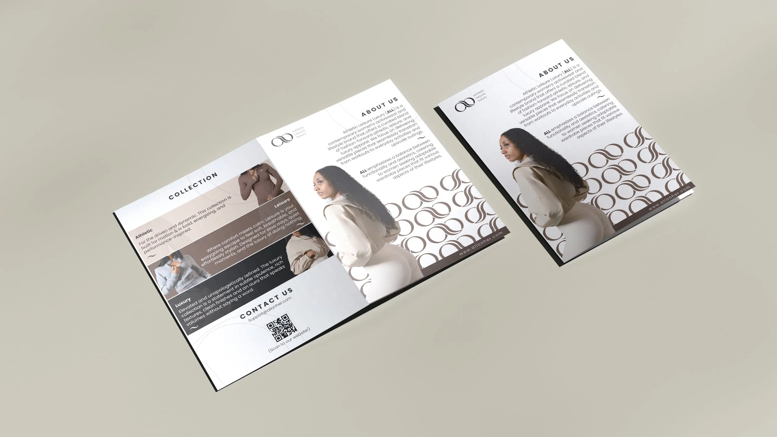 A tri-fold brochure featuring a woman in a beige outfit on the cover, with sections titled 'Collection,' 'About Us,' and 'Contact Us,' and a QR code at the bottom left.