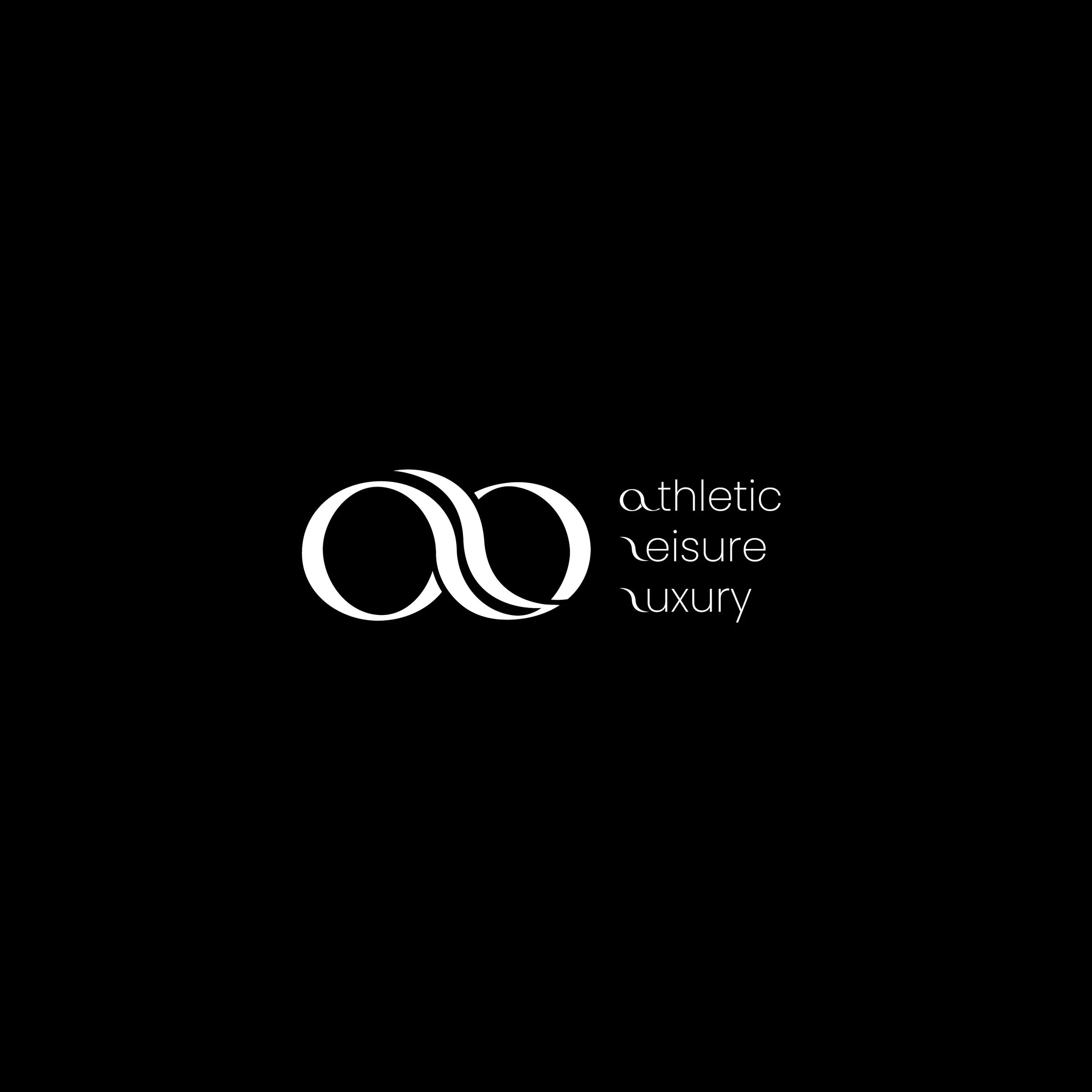 Black background with a white stylized logo featuring two interconnected 'a' letters, alongside the words 'athletic', 'leisure', and 'luxury' written vertically.