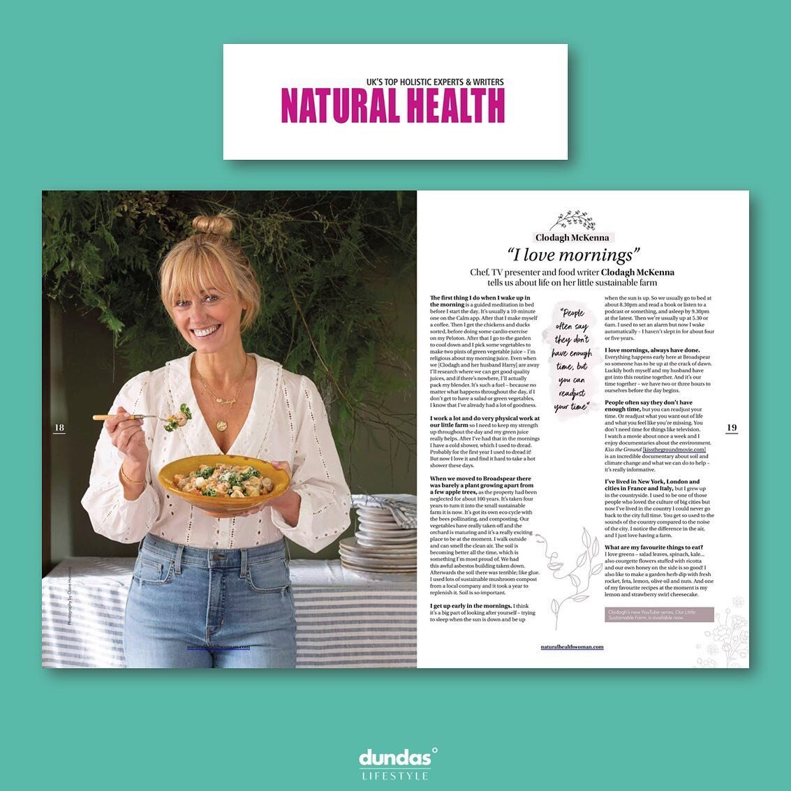 The lovely @clodagh_mckenna interviewed in this month&rsquo;s @naturalhealthwoman magazine! Clodagh speaks to the team all about her life on her sustainable farm, @broadspear 🐓