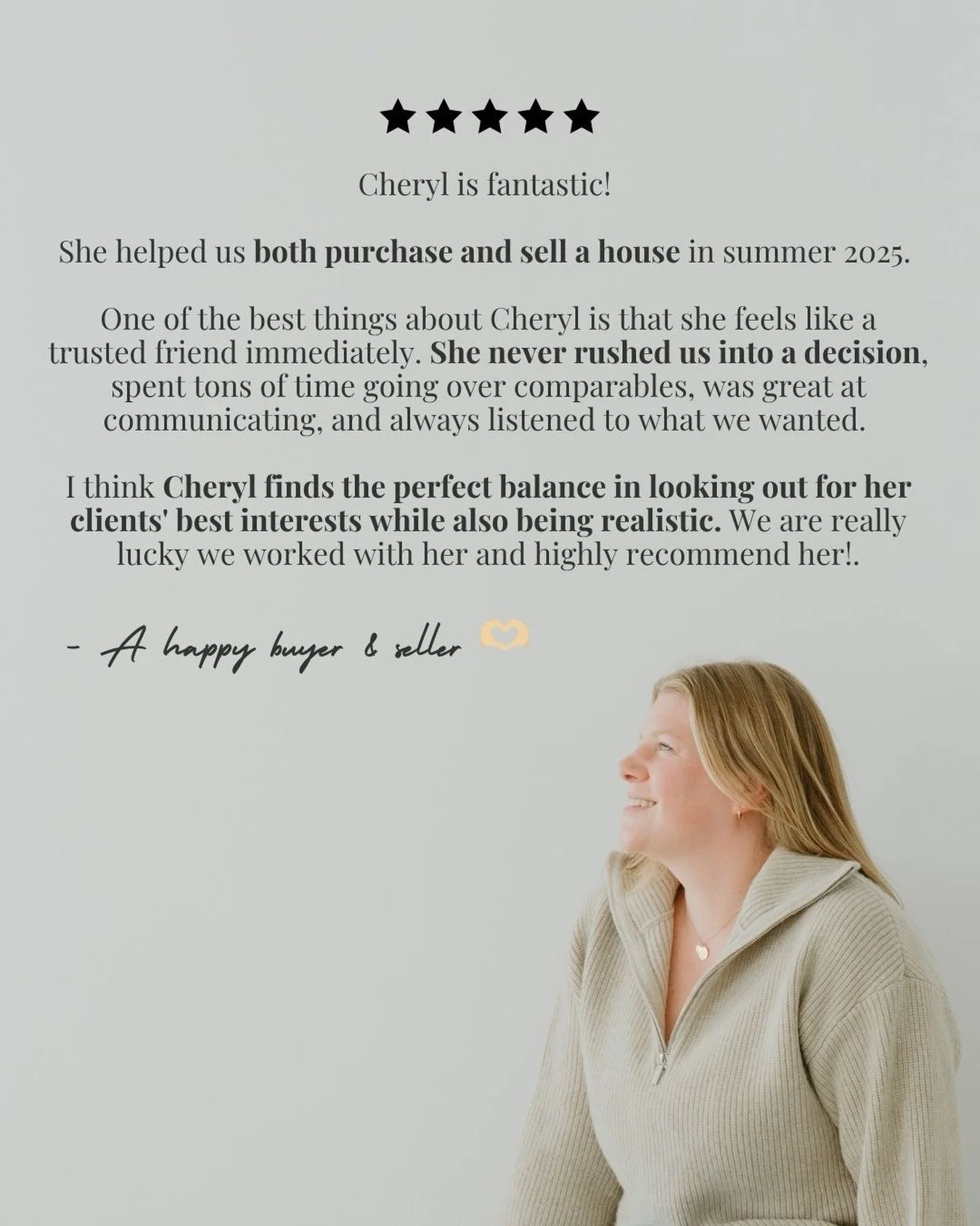 This one made my whole day. 🤍

&ldquo;She feels like a trusted friend immediately.&rdquo;

That&rsquo;s it. That&rsquo;s the goal. Every single time.

Buying and selling at the same time is a lot, there are a lot of moving pieces, a lot of decisions