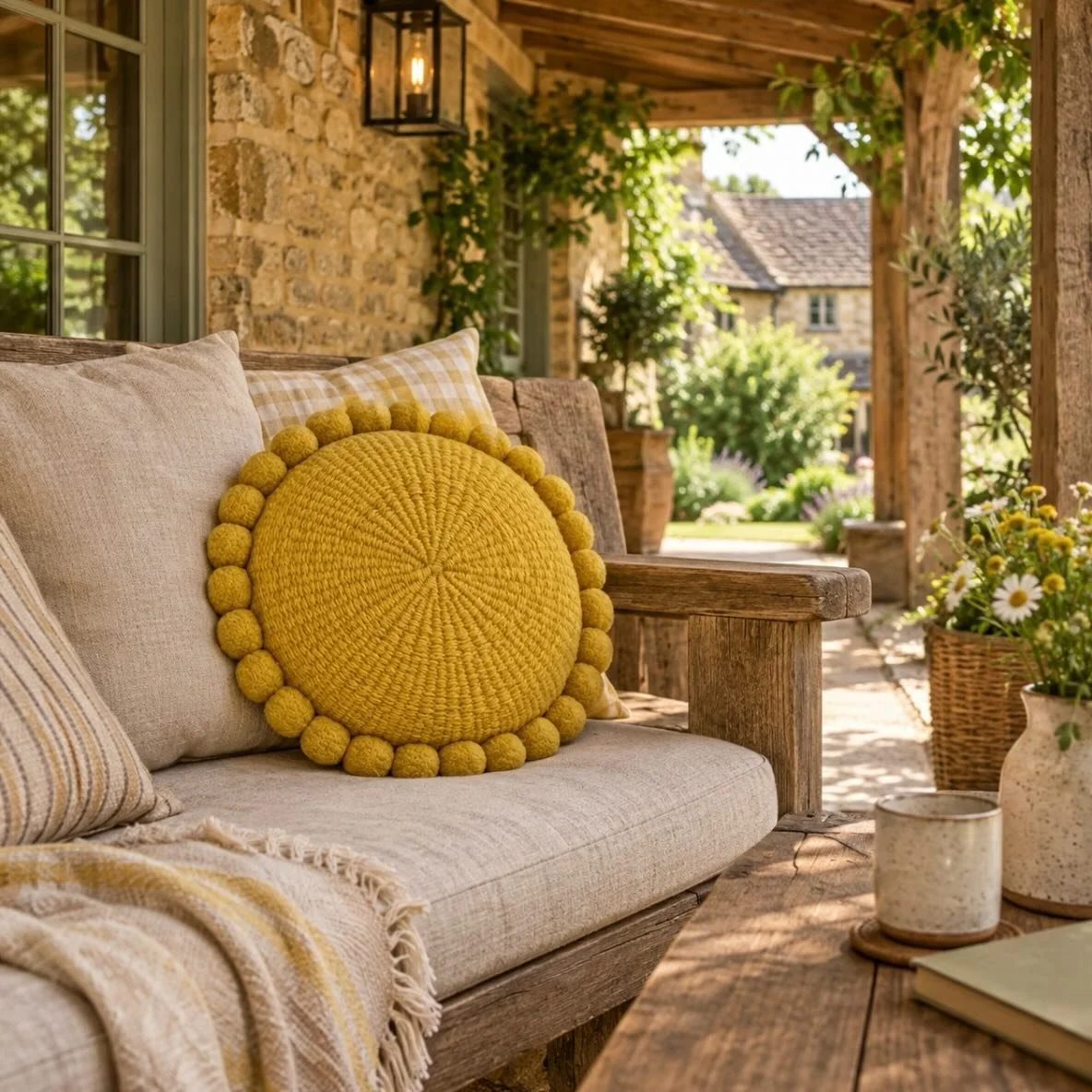 A little sunshine for your space 💛

Our Valle Pom Pom Cushion in Mustard is entirely handmade, warm &amp; beautifully textured.
