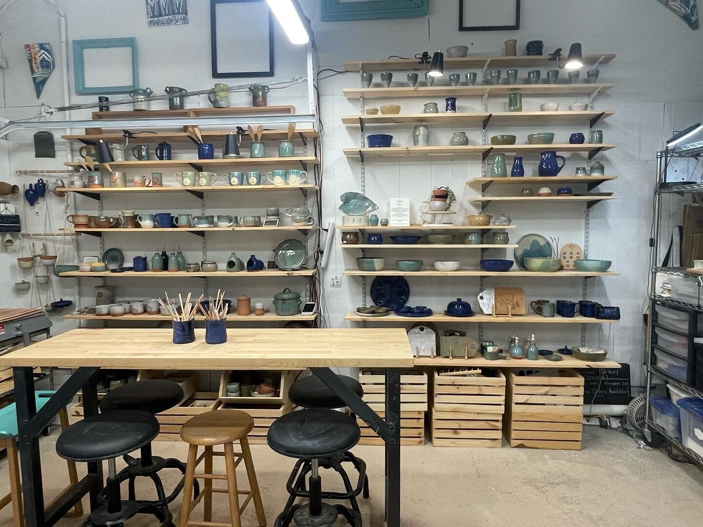 Studio update! New wall shelves complete, giving more room for my pottery but also some more much needed floor space. #potterystudio #studiolife
