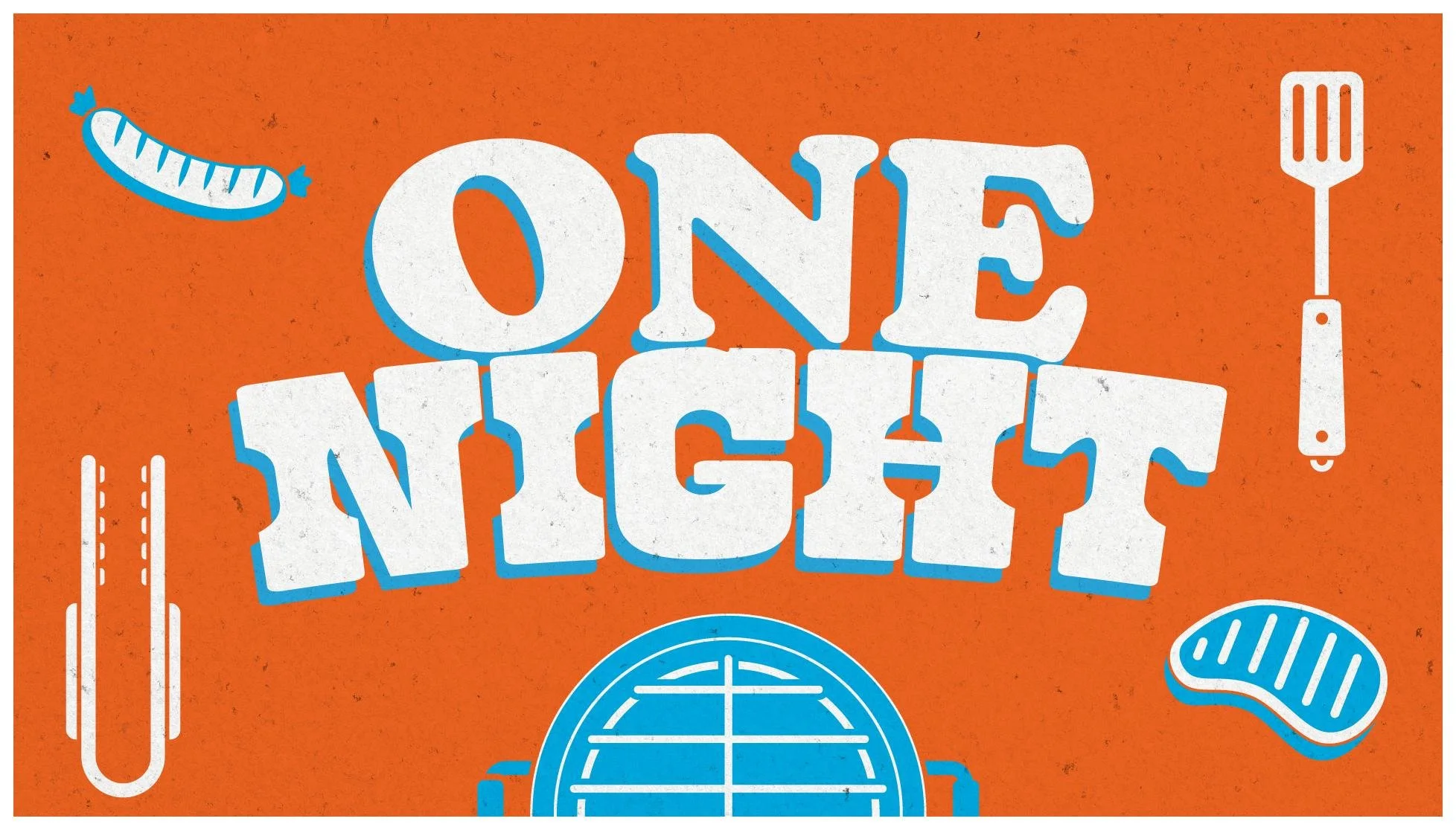 One Night student event graphic with cookout theme featuring bold white text on vibrant orange background with blue grill and BBQ utensil illustrations