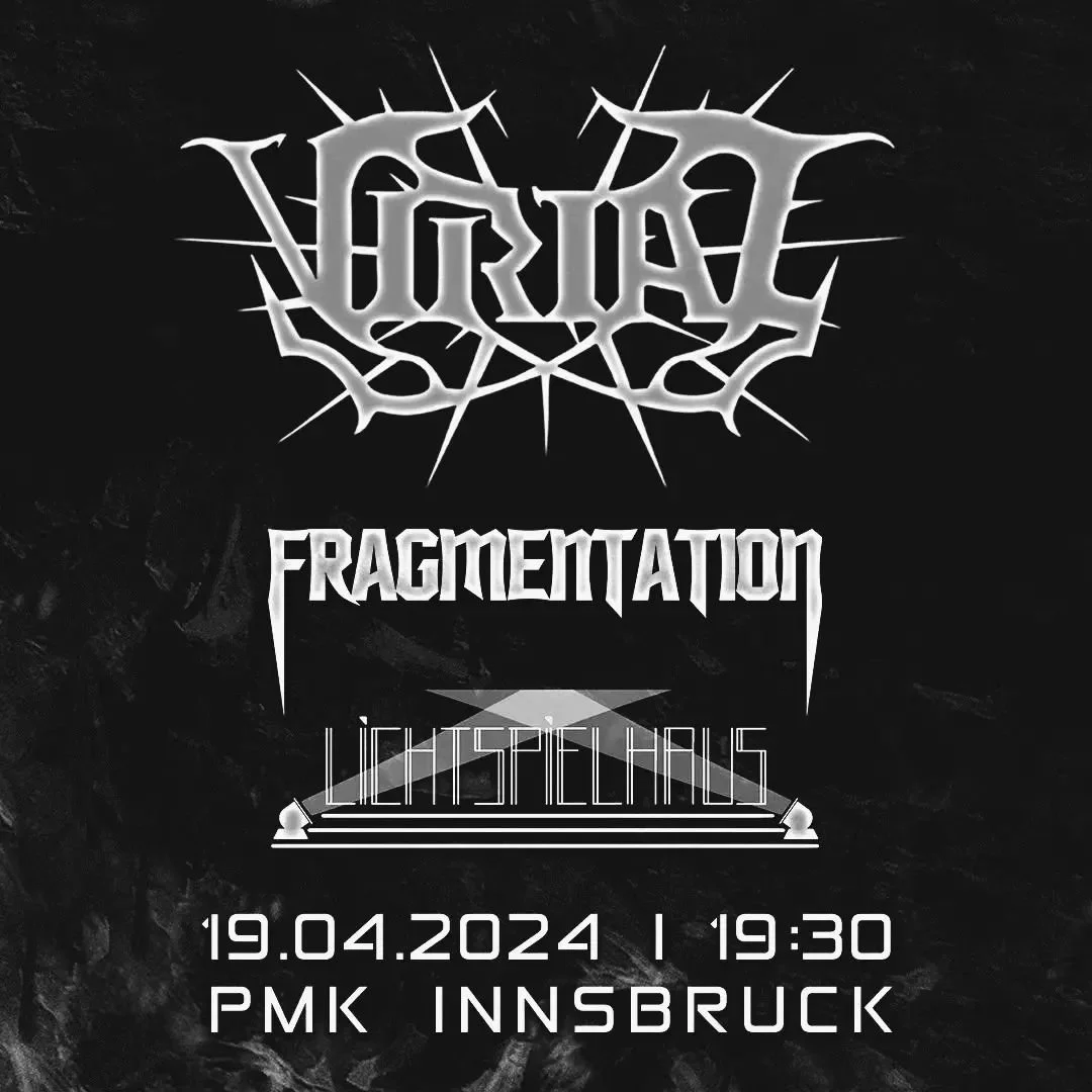 Exactly 1 month until we hit the stage again! Lichtspielhaus returns to Innsbruck with familiar and new faces: @virialband_official and @fragmentationofficial will destroy the place with us!
➡️ April 19th
➡️ Doors: 19:30
📍 Location: @pmk_ibk 
Vvk T