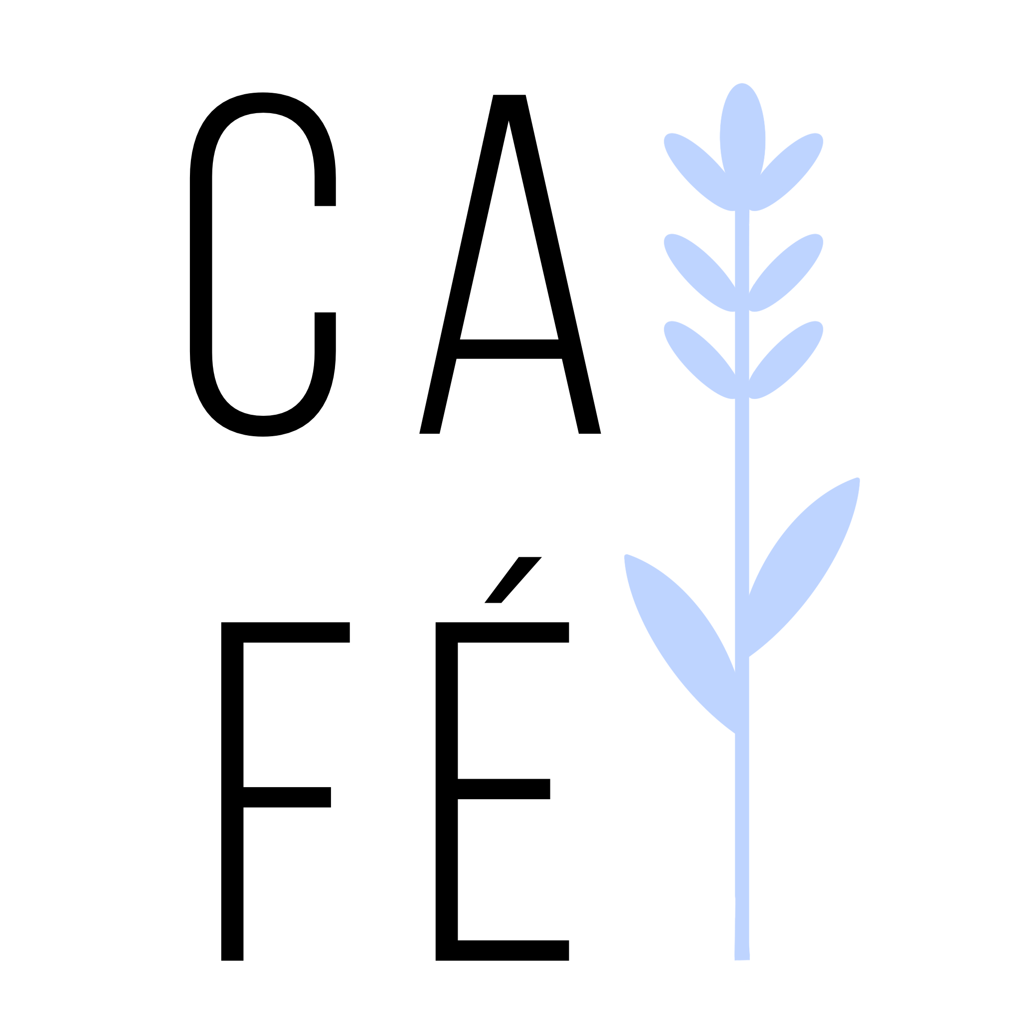 A blue abstract floral illustration with rounded petal shapes and a central stem, against a black background.