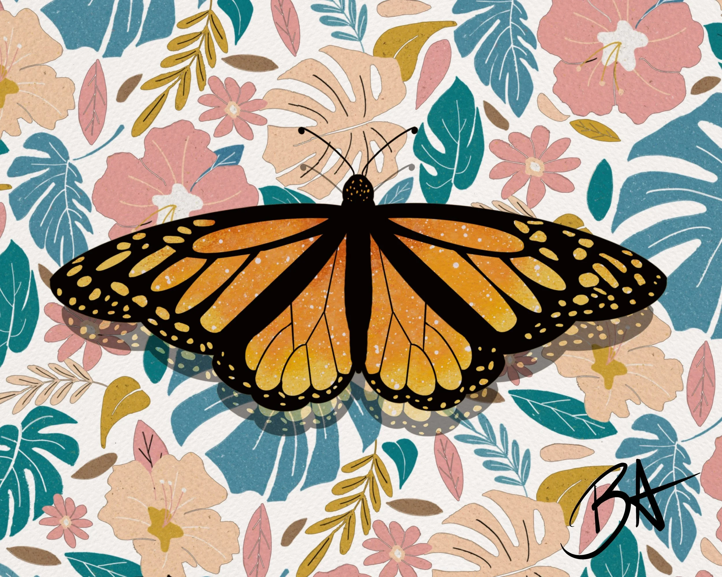 An illustration of a monarch butterfly with orange and black wings, set against a background of pink, blue, and beige flowers and leaves.