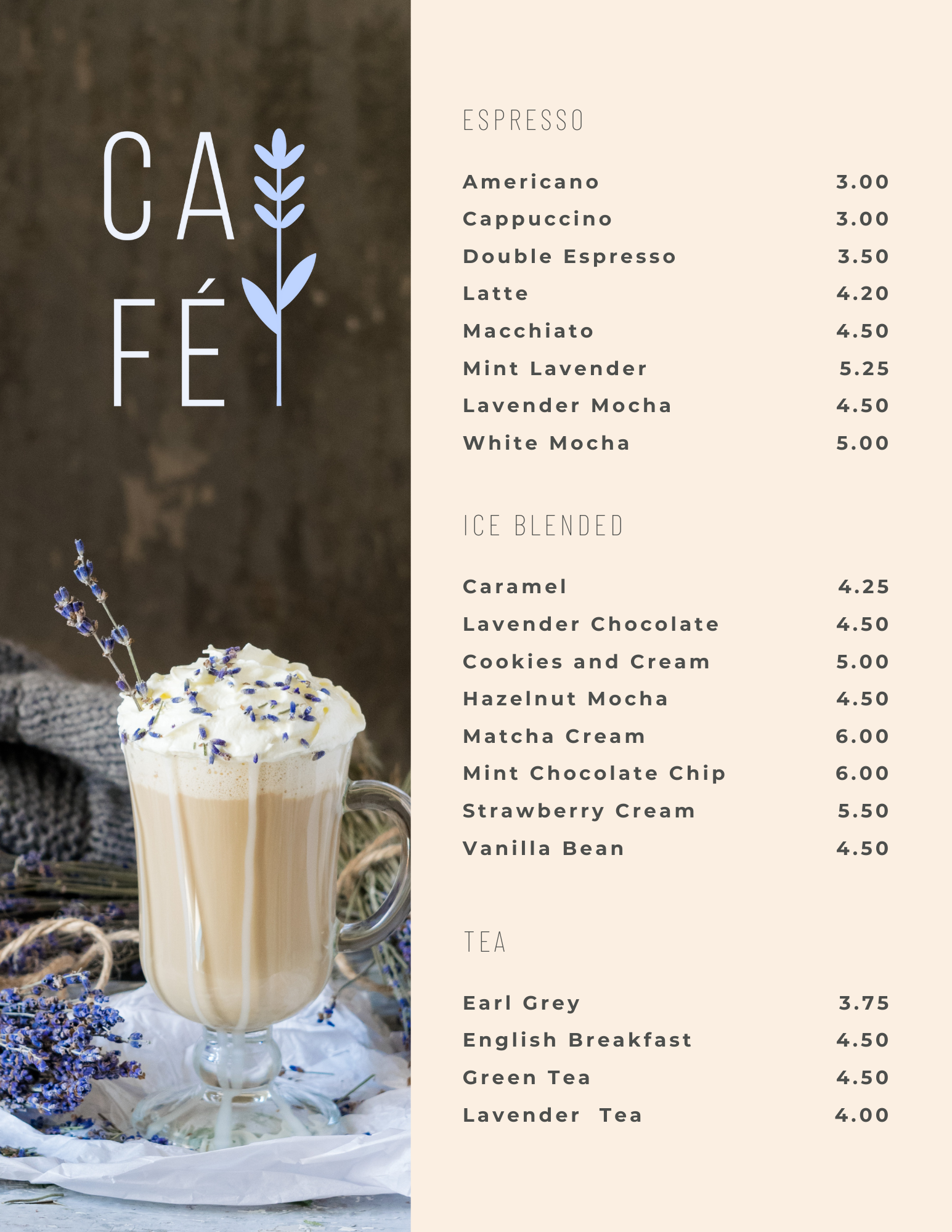 A menu with coffee and tea options next to a glass of iced coffee topped with whipped cream and lavender flowers, sitting on a rustic surface with lavender sprigs nearby.