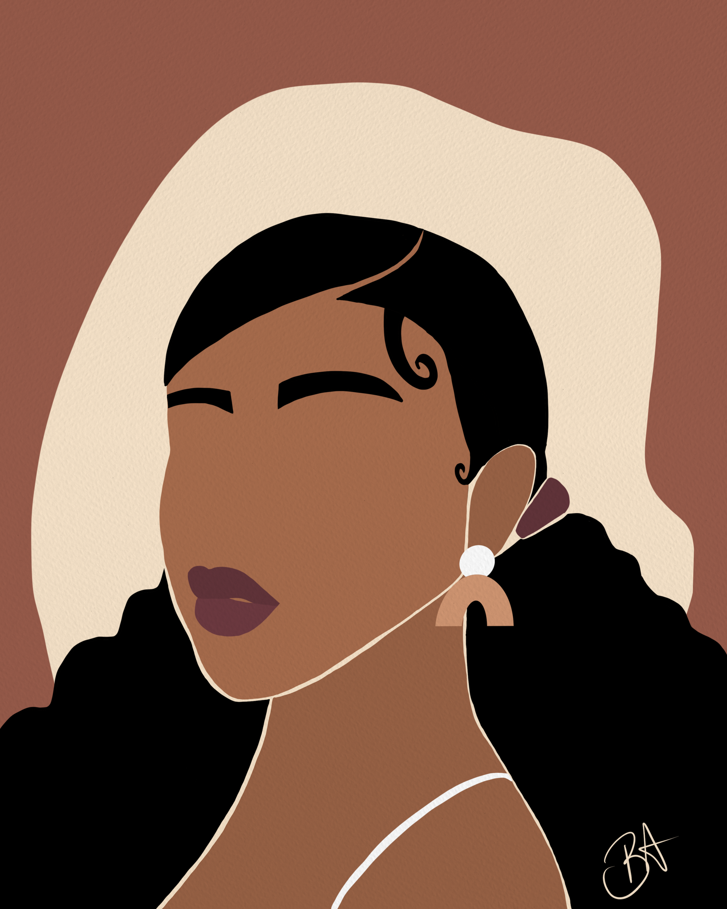 Digital illustration of a woman with dark hair and brown skin, wearing large hoop earrings, a white head wrap, and white clothing, holding earphones to her ear. Signed by the artist in the bottom right corner.