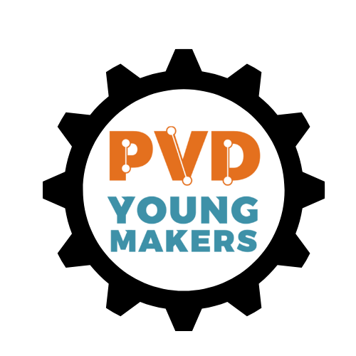 Logo with a hammer and wrench above the text 'PVD Young Makers' on a black background. Makerspace learning experience logo.