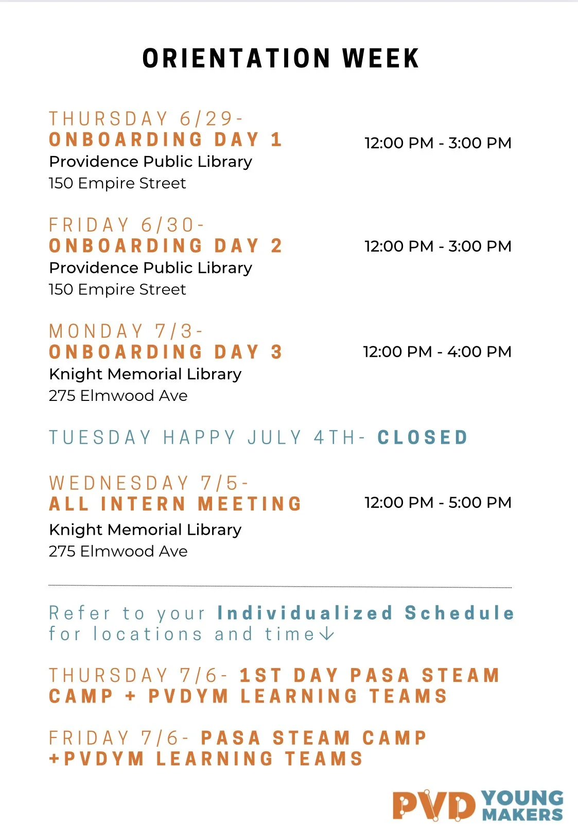 Schedule of events for an orientation week, including dates, times, locations, and activities at various libraries, with notes on closed days and special meetings.