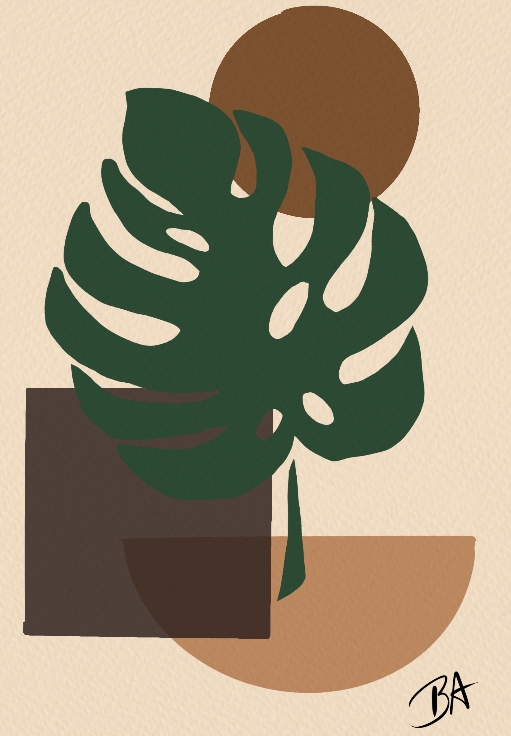 Digital illustration of a Monstera leaf in front of a brown circle on a beige background, with a dark brown square and a curved line at the bottom, signed with initials 'BA'.