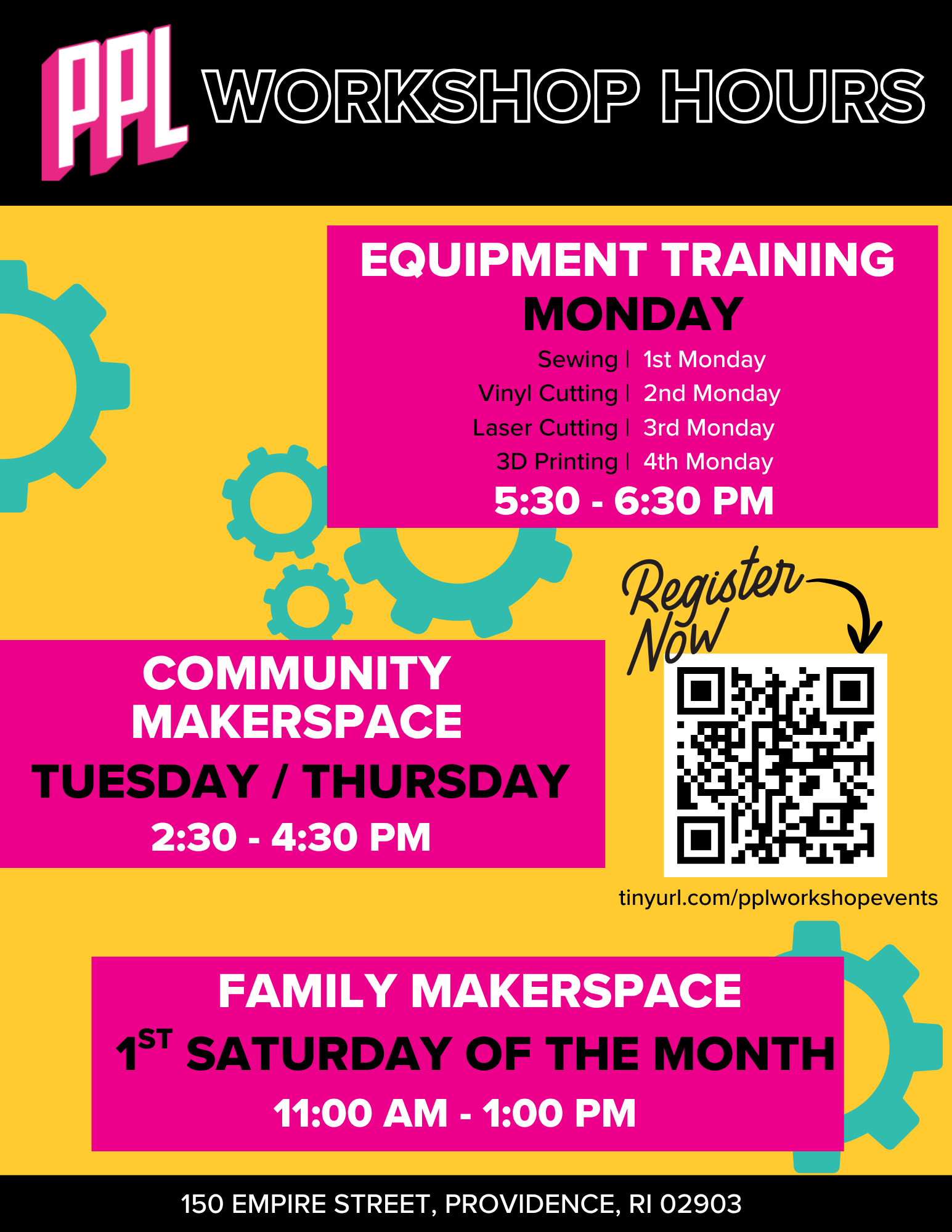 Digital graphic with workshop hours for community events, including equipment training on Mondays from 5:30 to 6:30 PM with activities like sewing, vinyl cutting, laser cutting, and 3D printing; community makerspace events Tuesdays and Thursdays from