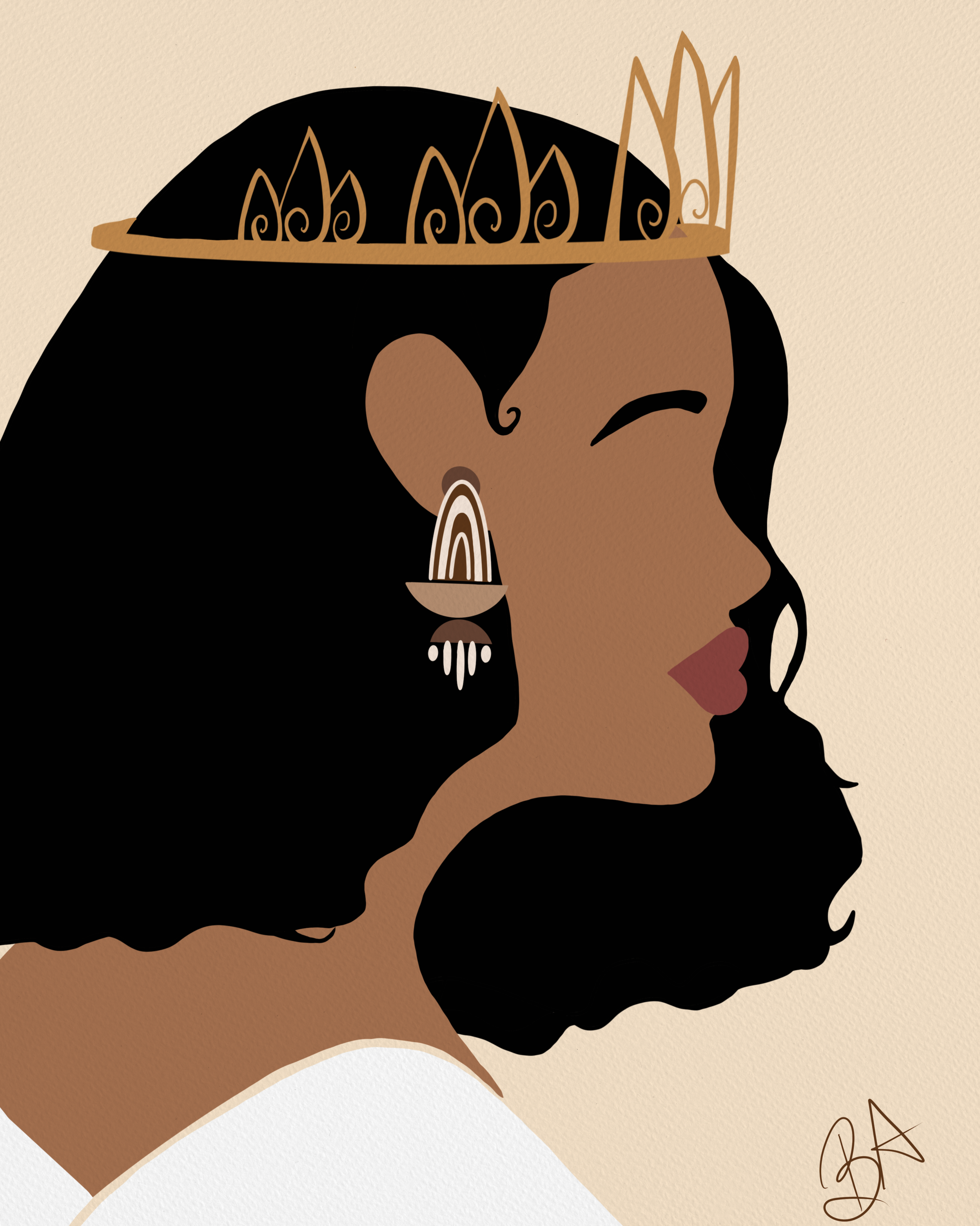 Illustration of a woman with dark hair wearing a tiara, earrings, and makeup, with a signature at the bottom right corner.