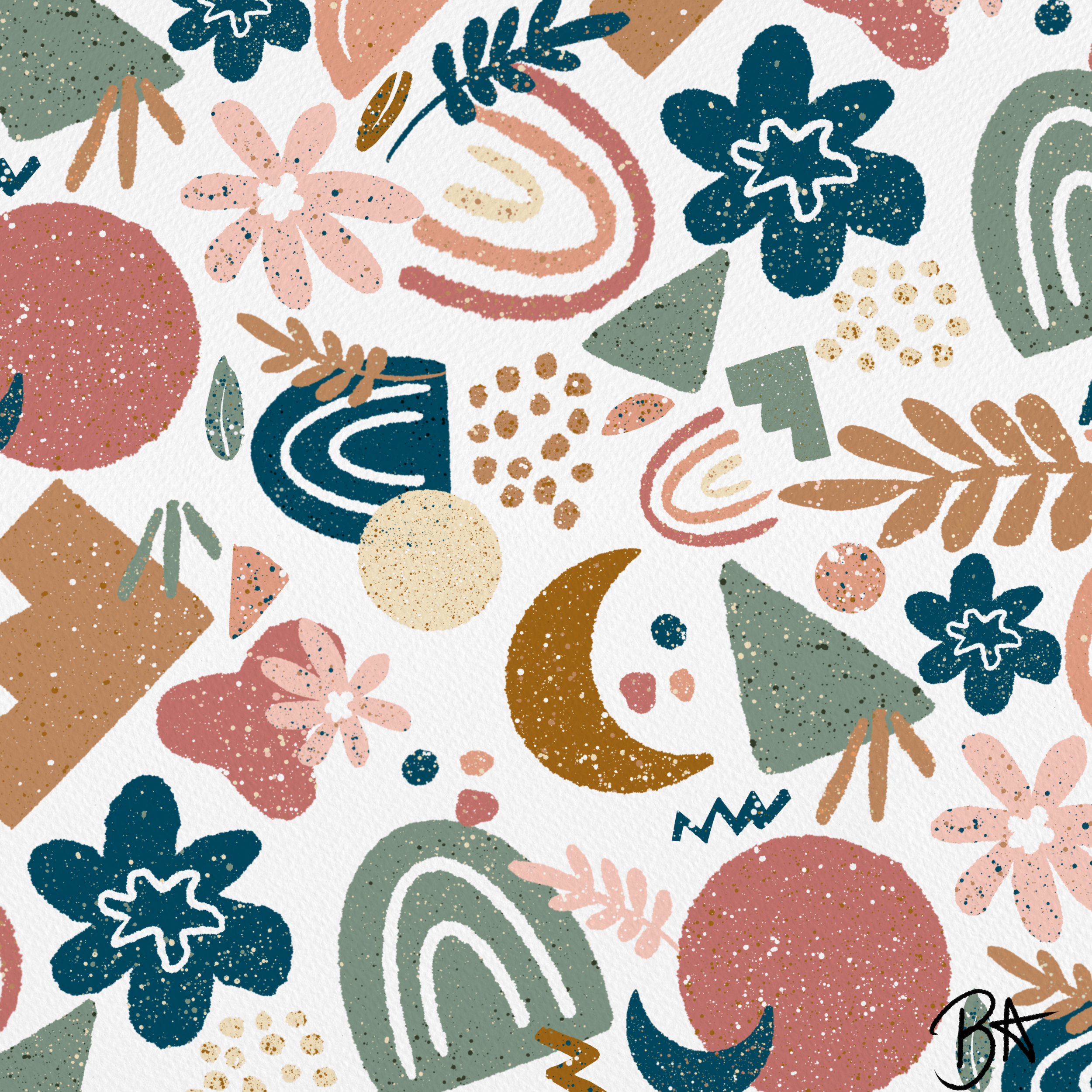Colorful floral and abstract pattern with various flowers, leaves, and swirling designs in shades of blue, green, pink, and beige, with a textured paper background.