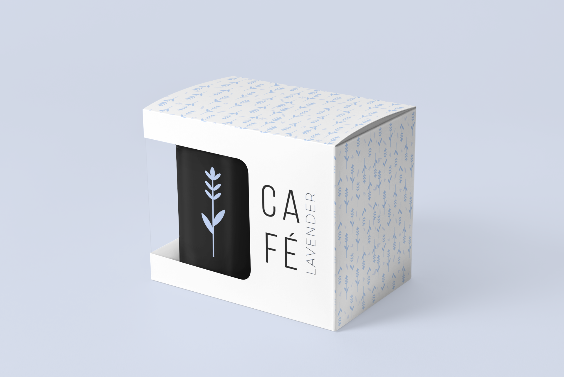 A white cardboard box with a clear window showing a black bottle labeled "Lavender" inside, decorated with a lavender plant illustration; the box has a light blue floral pattern on the sides and top.