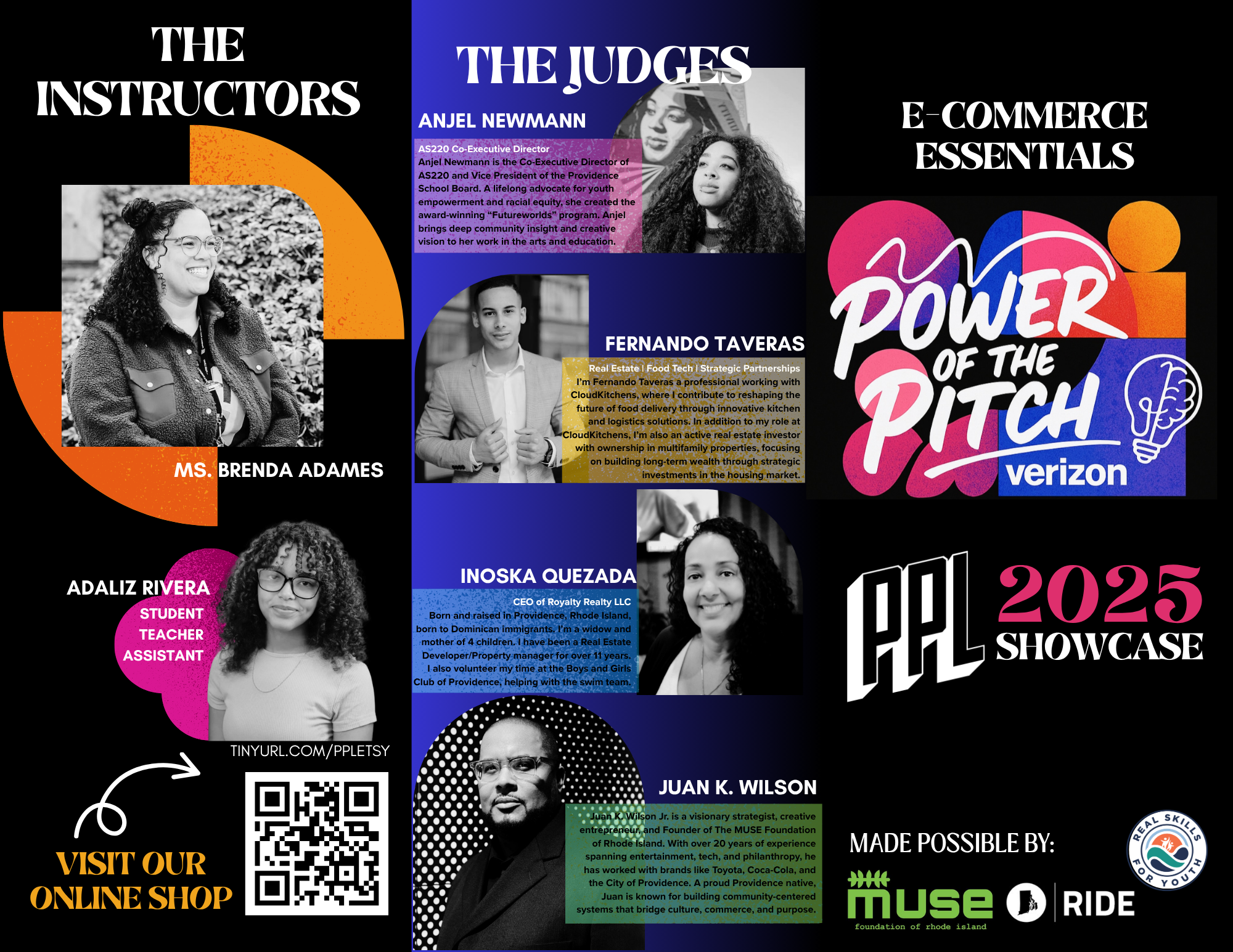 A colorful poster for a 2023 showcase featuring portraits and biographies of various judges, instructors, and speakers, with event details, QR codes, and logos for organizations like MUSE Foundation and Ride Foundation.