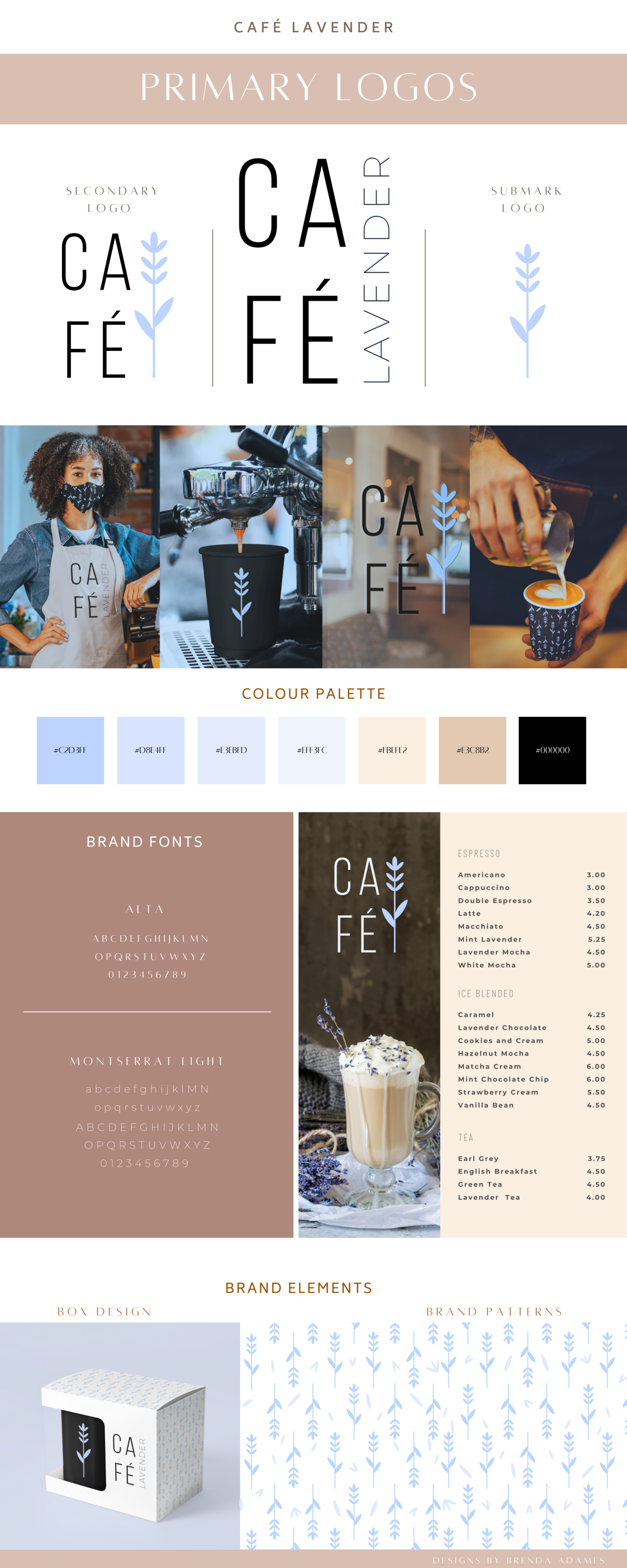 Infographic explaining the branding and logo design for Café Lavender, featuring primary, secondary, and submark logos, a color palette with shades of blue, beige, and black, brand fonts Alta and Monserrat Light, coffee drink options with prices, and images of a barista, coffee machine, and beverage presentation.