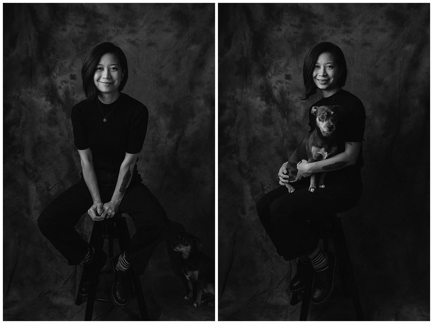 Black and white portraits of photographer Jamie Poh sitting on a stool. She is carrying her dog Pixel, a chiweenie rat terrier.