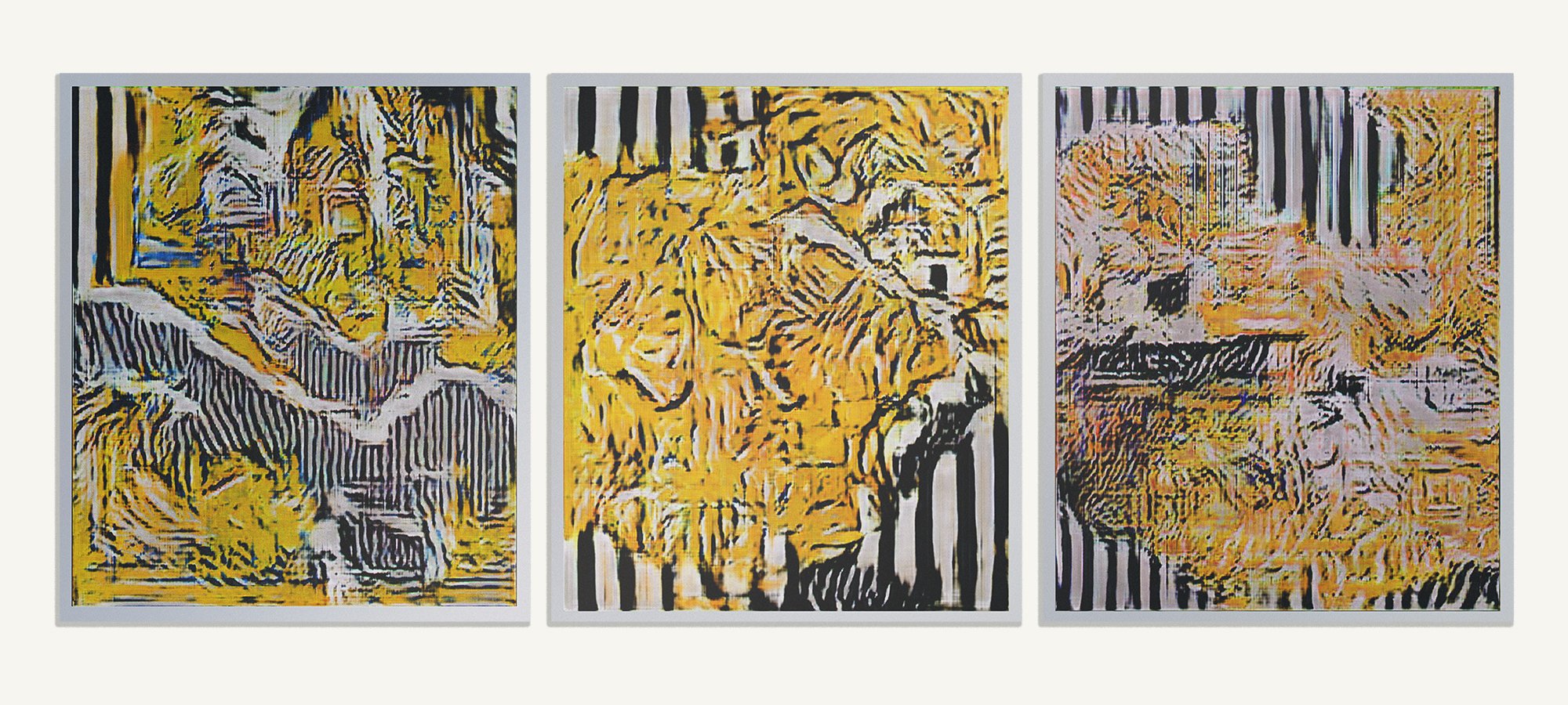 'Yellow Triptych #2' Neural network screenshot printed on aluminium. 60 x 70 cm (each panel).