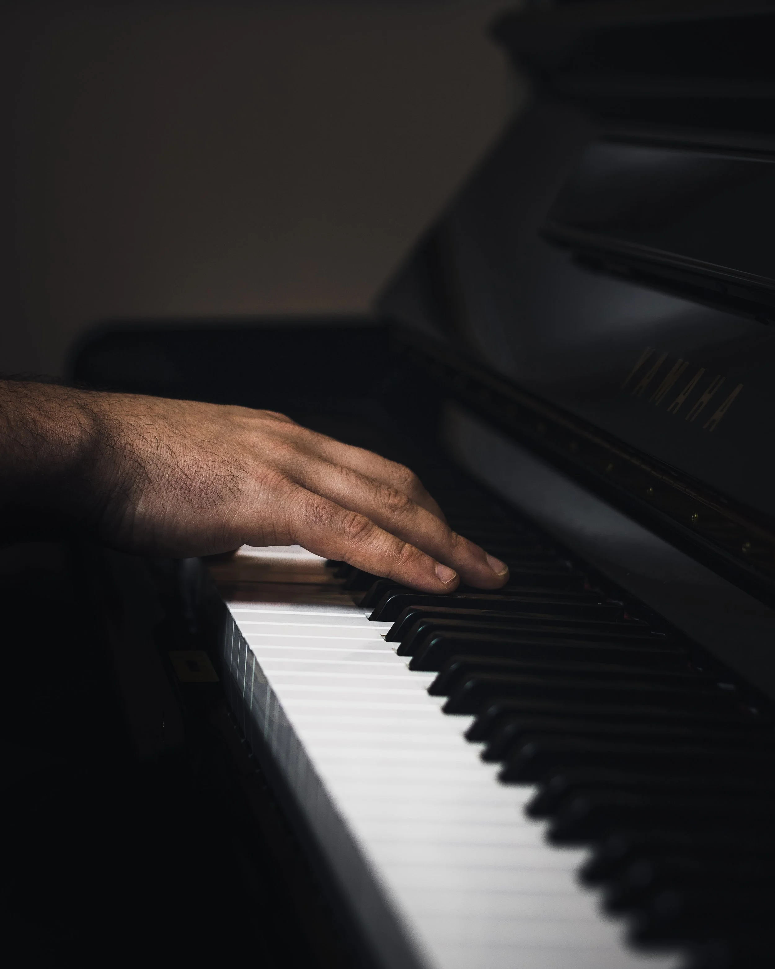 A person's hand playing a black grand piano, focusing on the keys and hand.