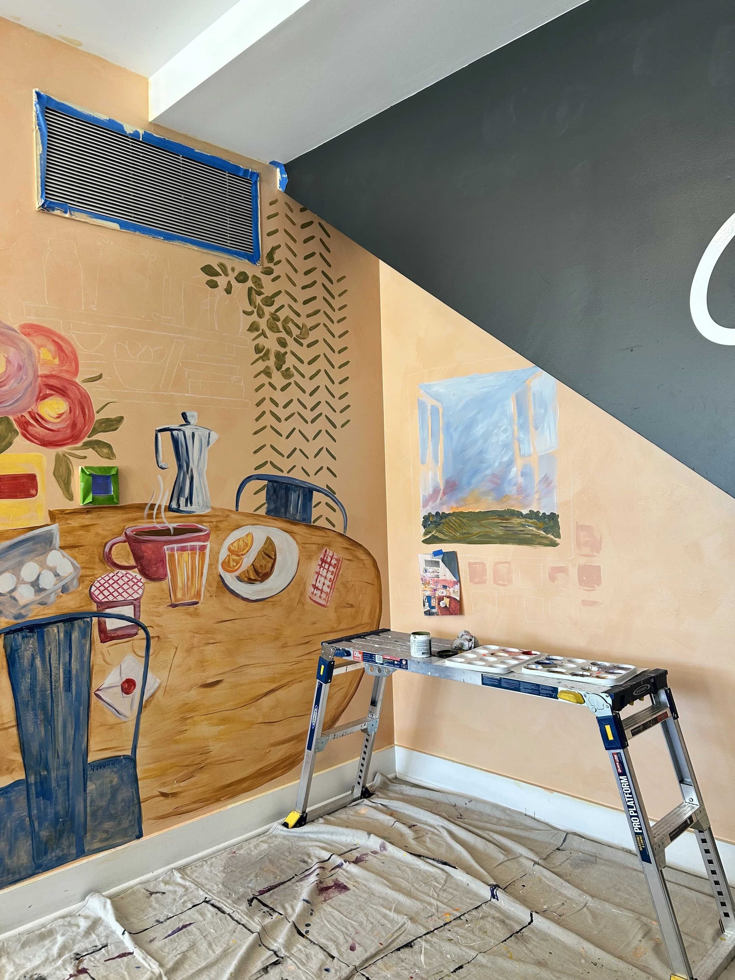 Process photo of mural painted by Leslie Kimble Art, Champaign Illinois at Hopscotch Bakery