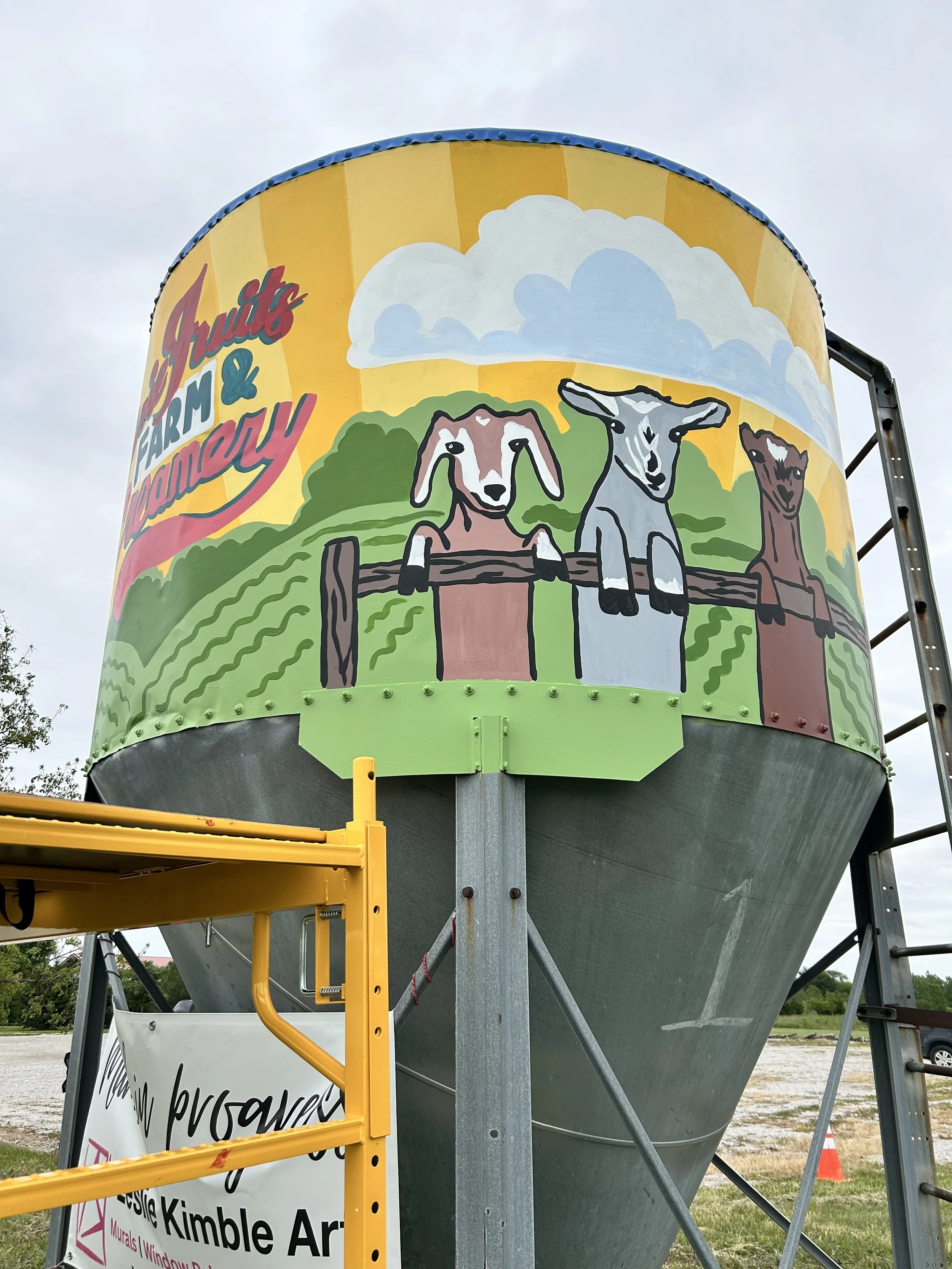 Process photo of silo mural at Prairie Fruits Farm and Creamery by Leslie Kimble, Champaign, Illinois