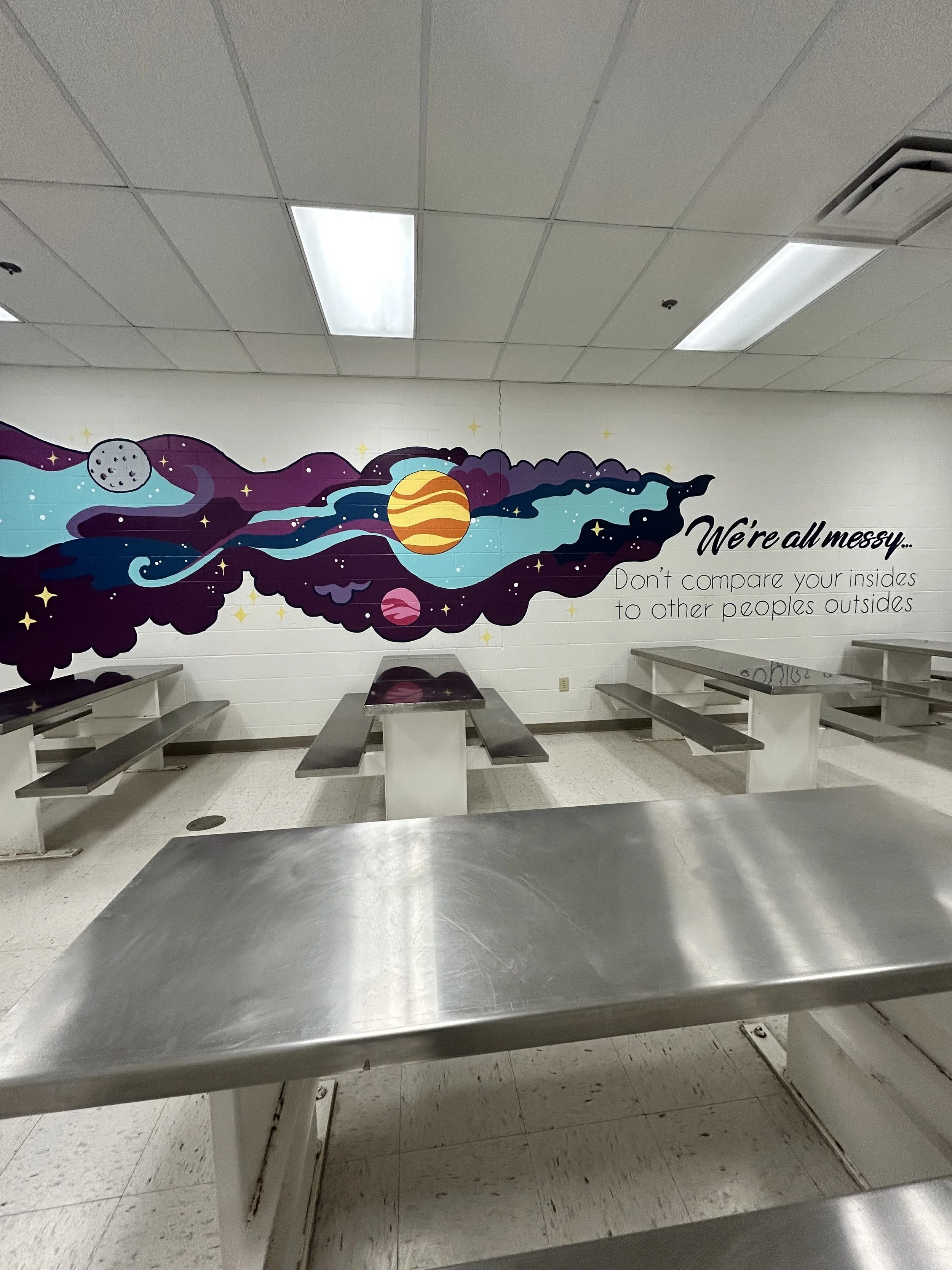 Finished space mural named Dont Compare mural in Juvenile Detention Center in Champaign County by Leslie Kimble Art, Urbana Illinois