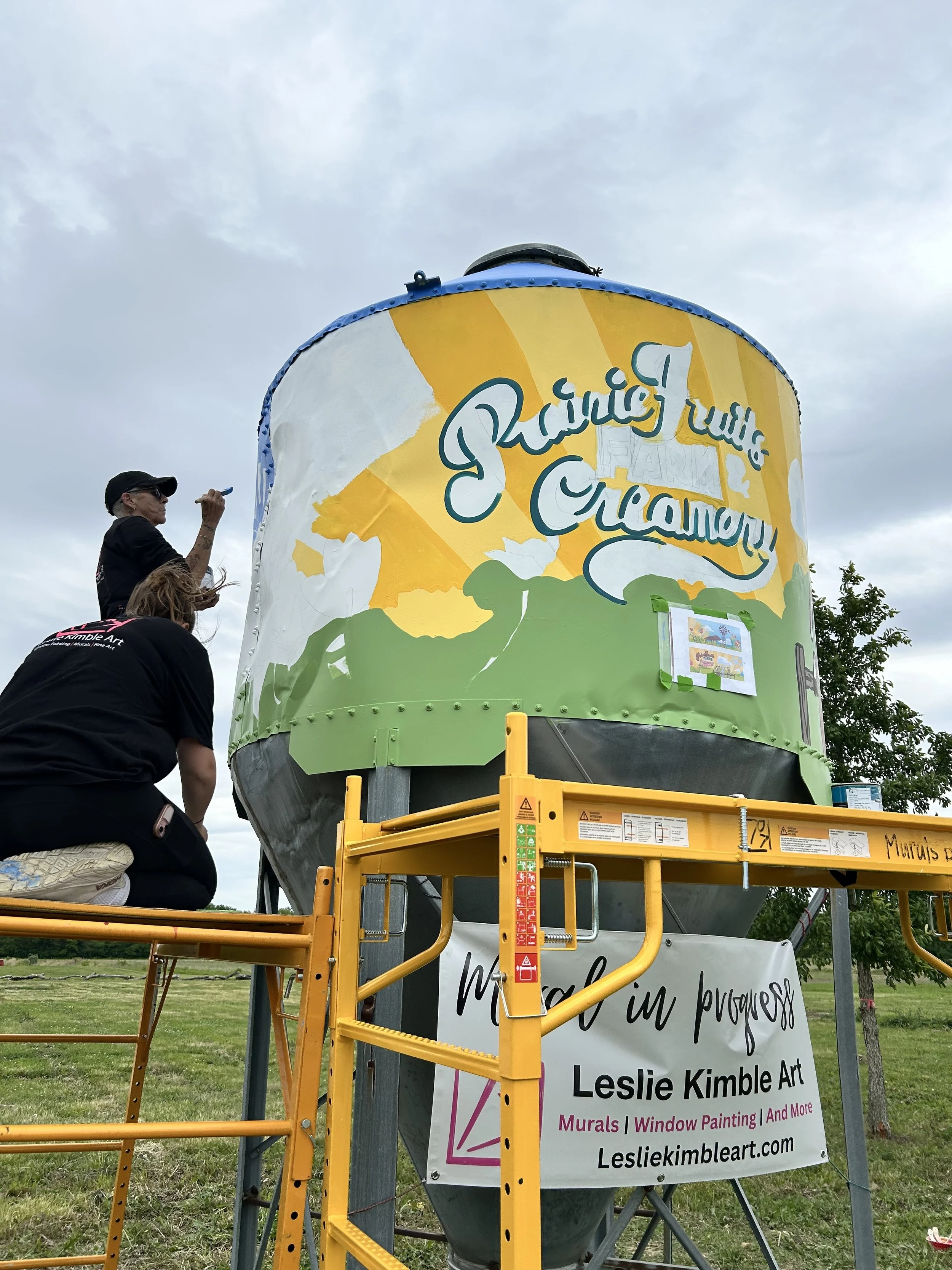 Process photo of silo mural at Prairie Fruits Farm and Creamery by Leslie Kimble, Champaign, Illinois