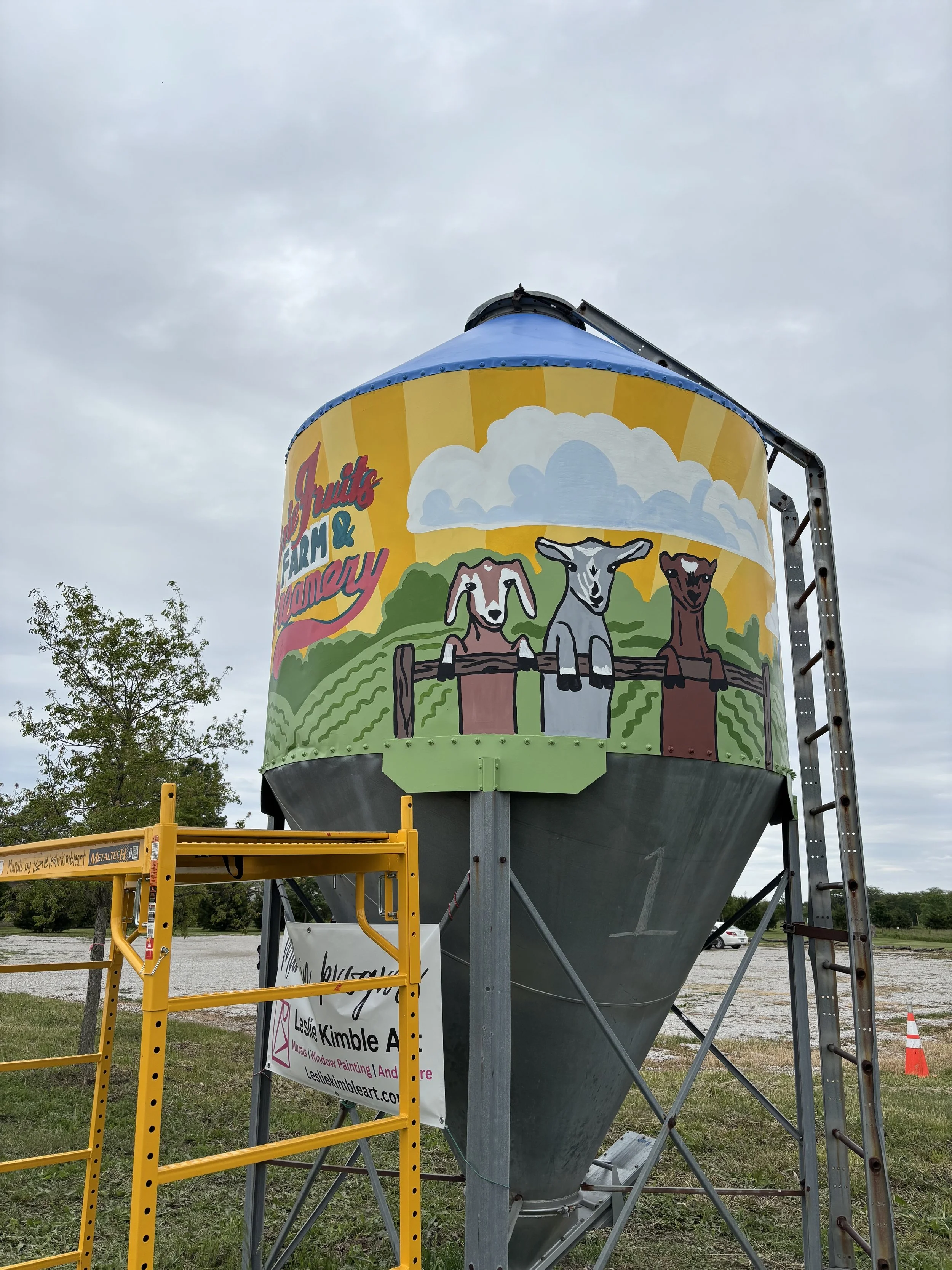 Process photo of silo mural at Prairie Fruits Farm and Creamery by Leslie Kimble, Champaign, Illinois