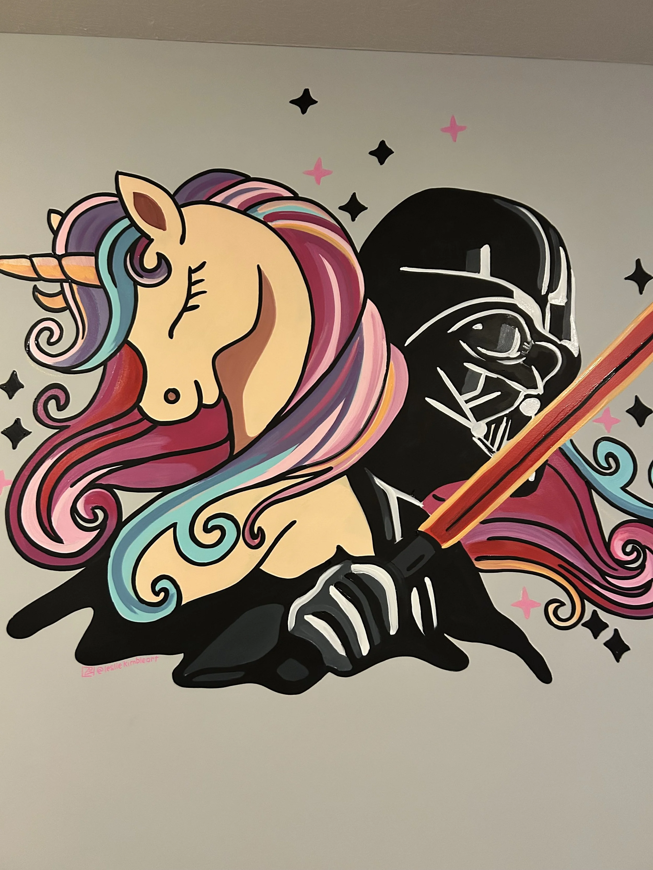 Unicorn/DarthVader mural in toy room, private residence in Champaign, Illinois