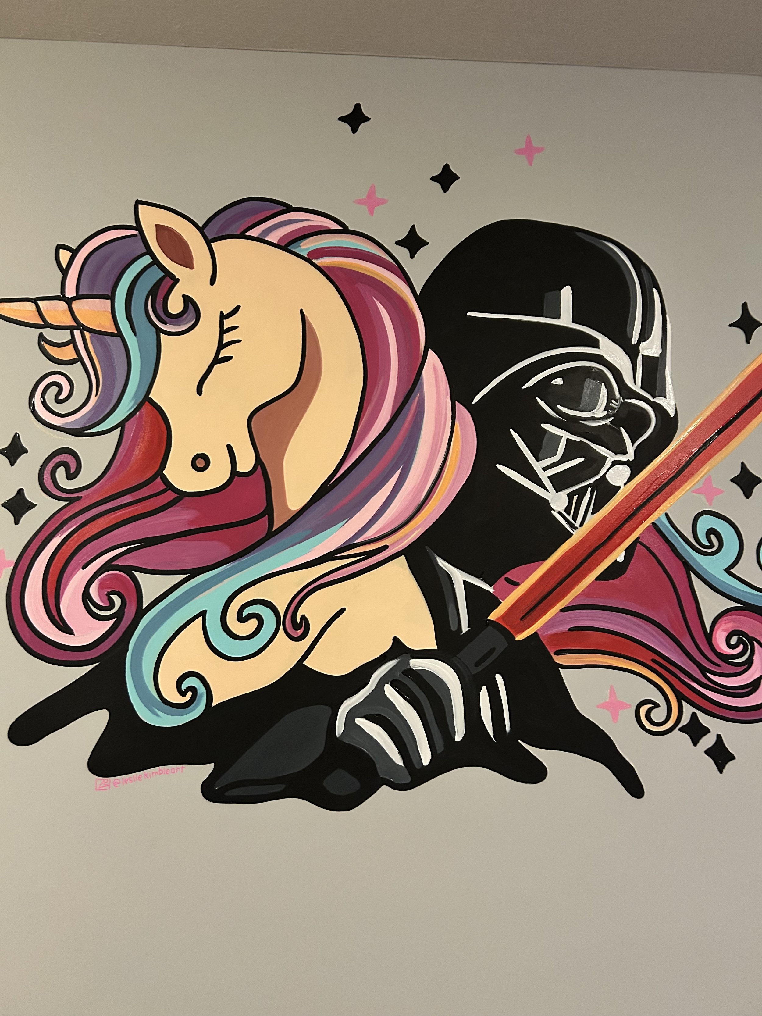 Unicorn Darth Vader Mural in toy room in private residence Champaign, Illinois, Leslie Kimble Art muraist