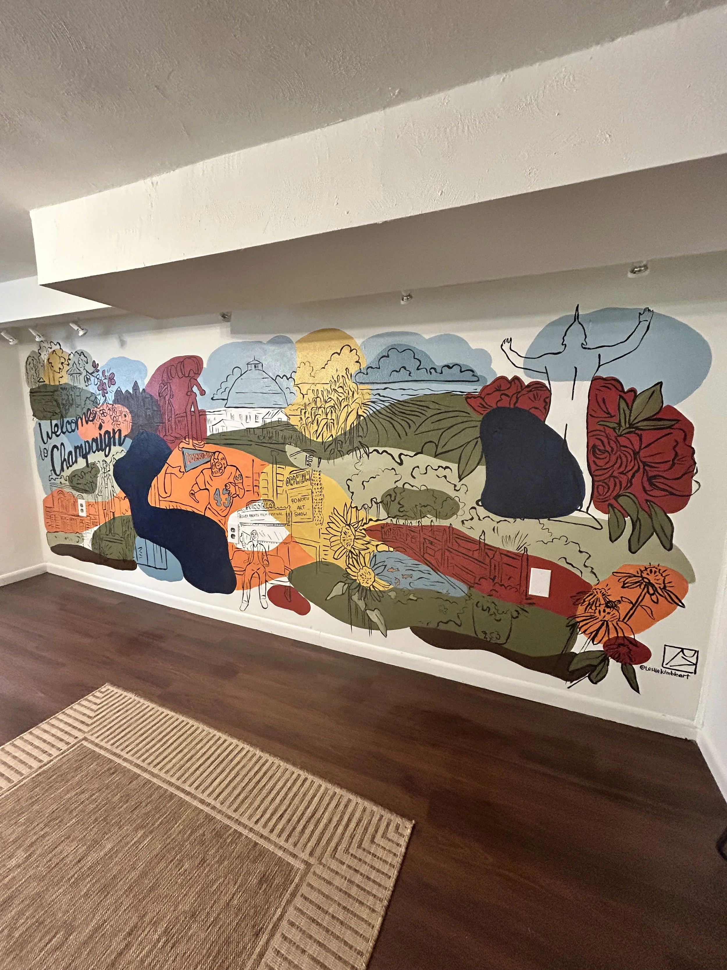 Illinois landmarks mural by Leslie Kimble in Champaign, Illinois Air bnb.